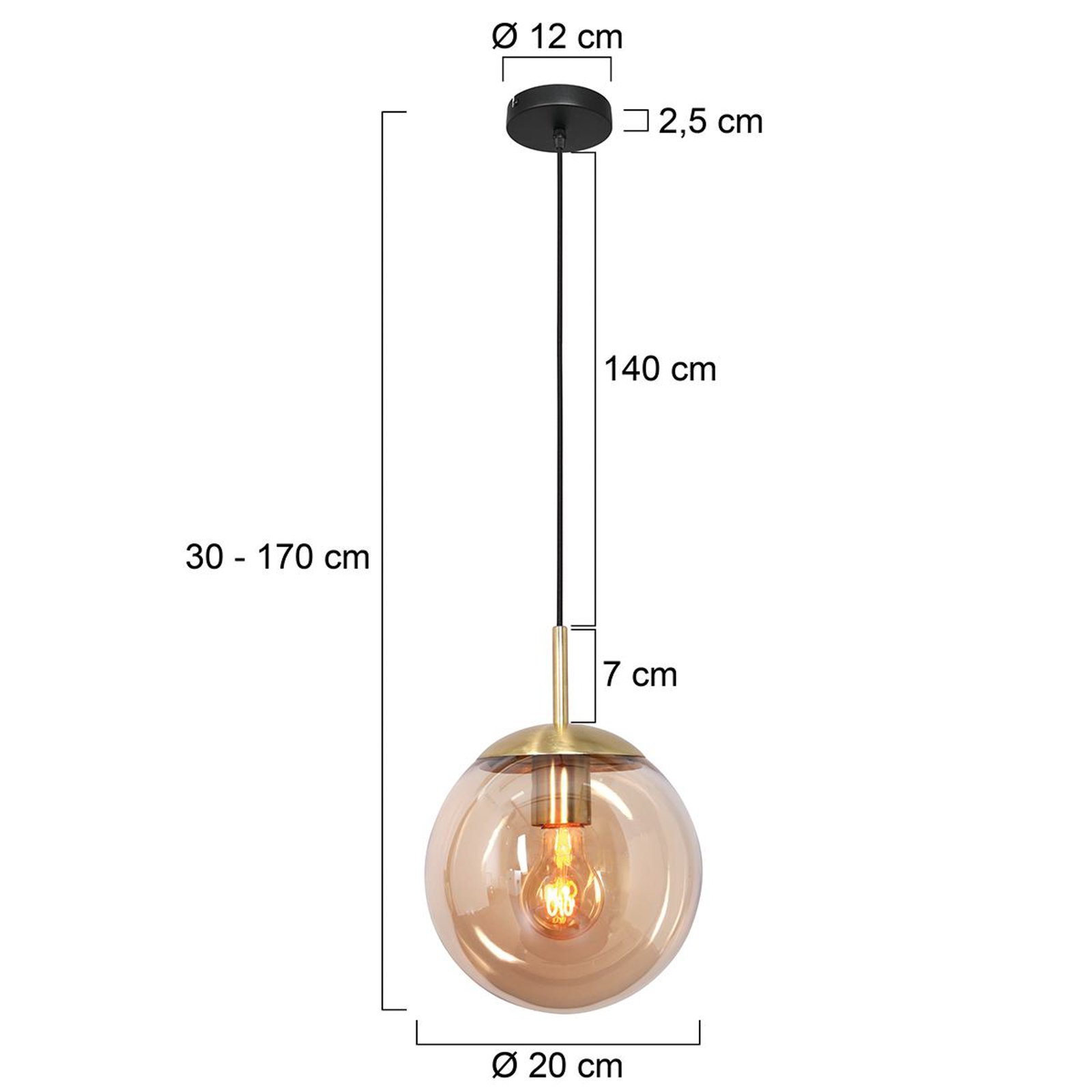 Suspension Bollique, laiton, Ø 20 cm, verre, 1 lampe, sphère