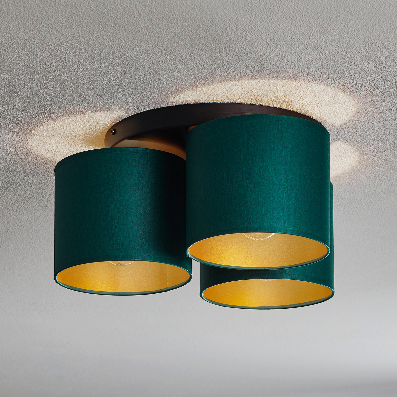 Plafonnier Soho, cylindrique 3 lampes vert/doré