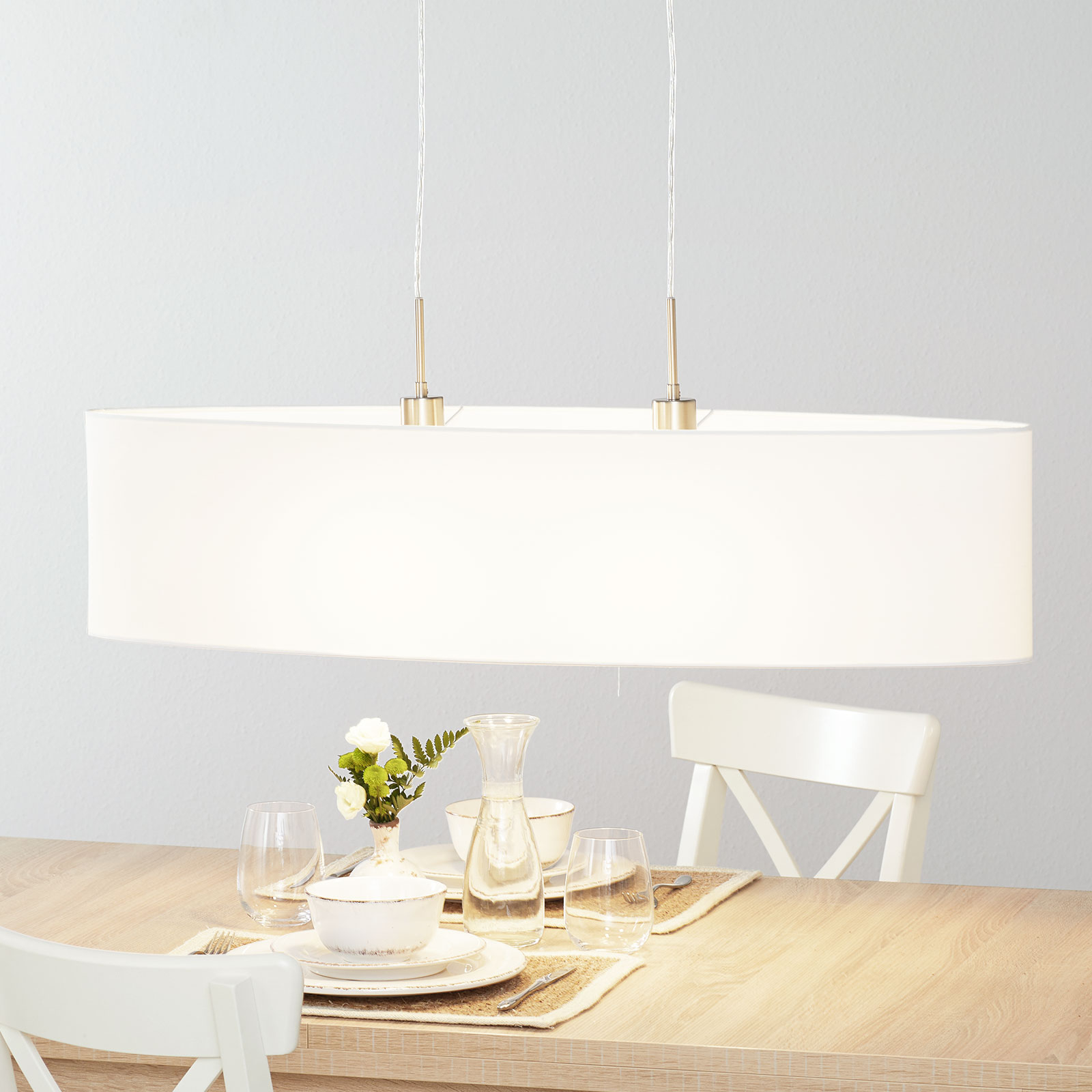 Lucande Patrik fabric hanging light Ø 100 cm white, for Living / Dining Room, steel, fabric, E27, 60 W, energy efficiency: A++, L: 100 cm, W: 28 cm, H: 23 cm