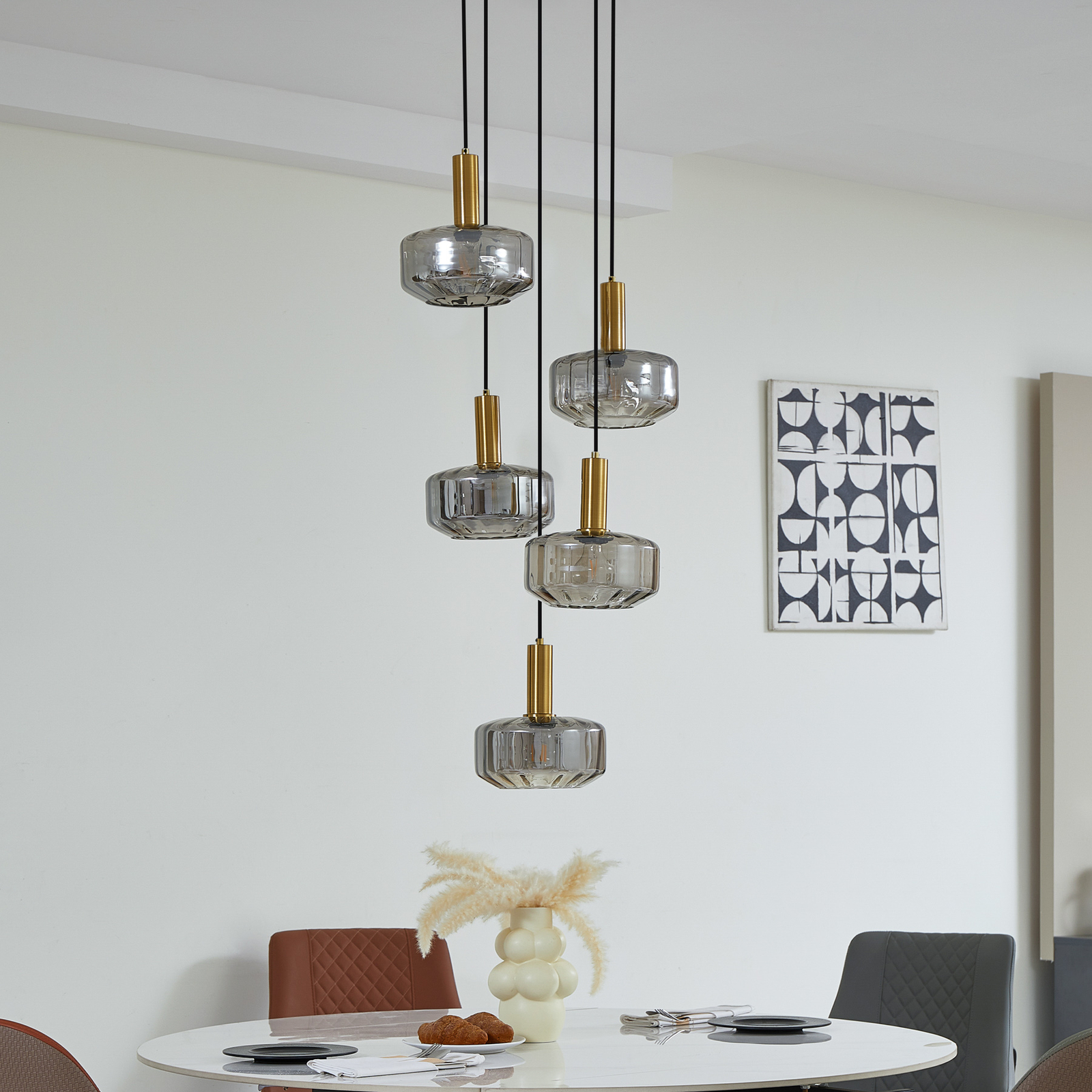 Lindby suspension Hildur, à 5 lampes, gris fumé, verre