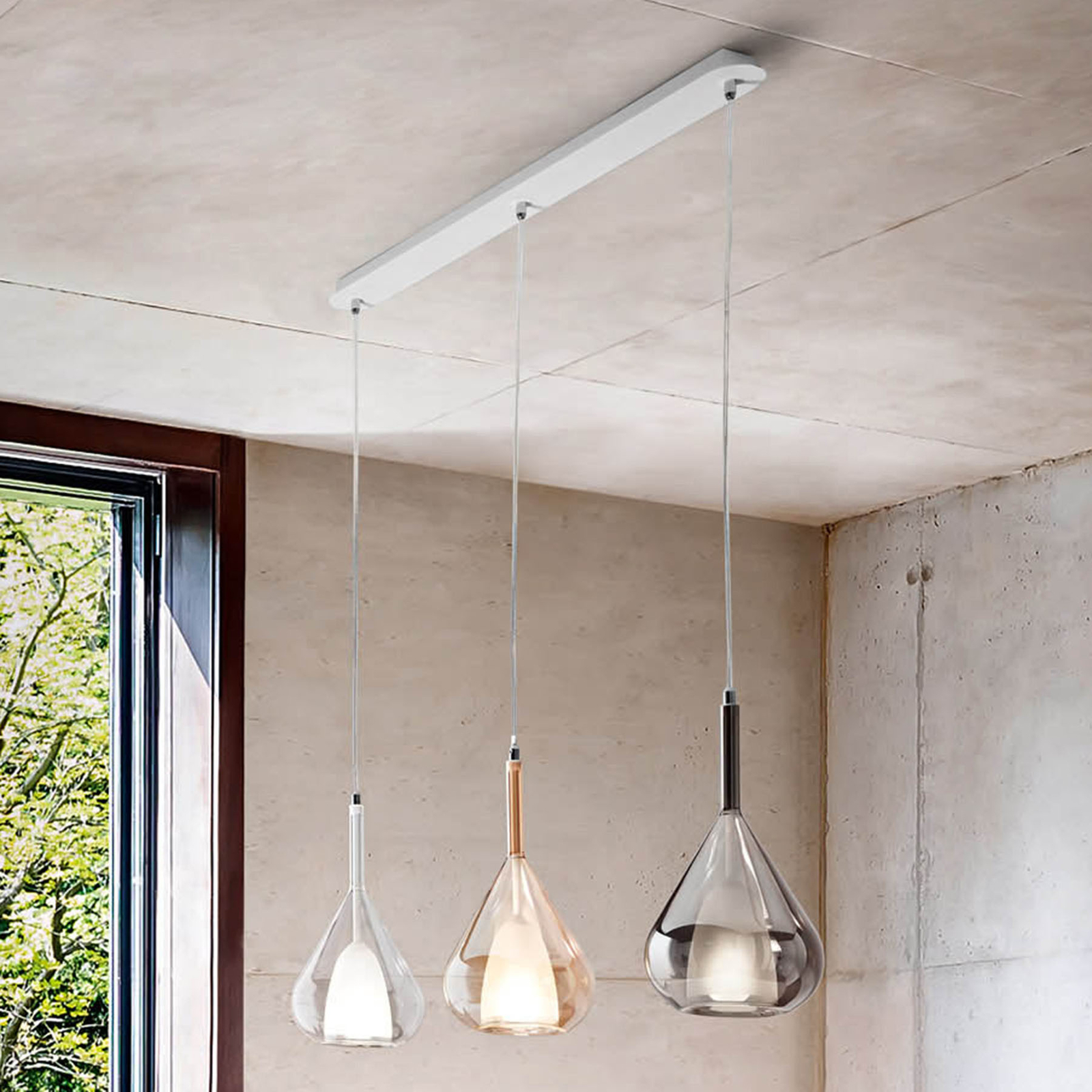 Lila hanging light made of glass, 3-bulb long