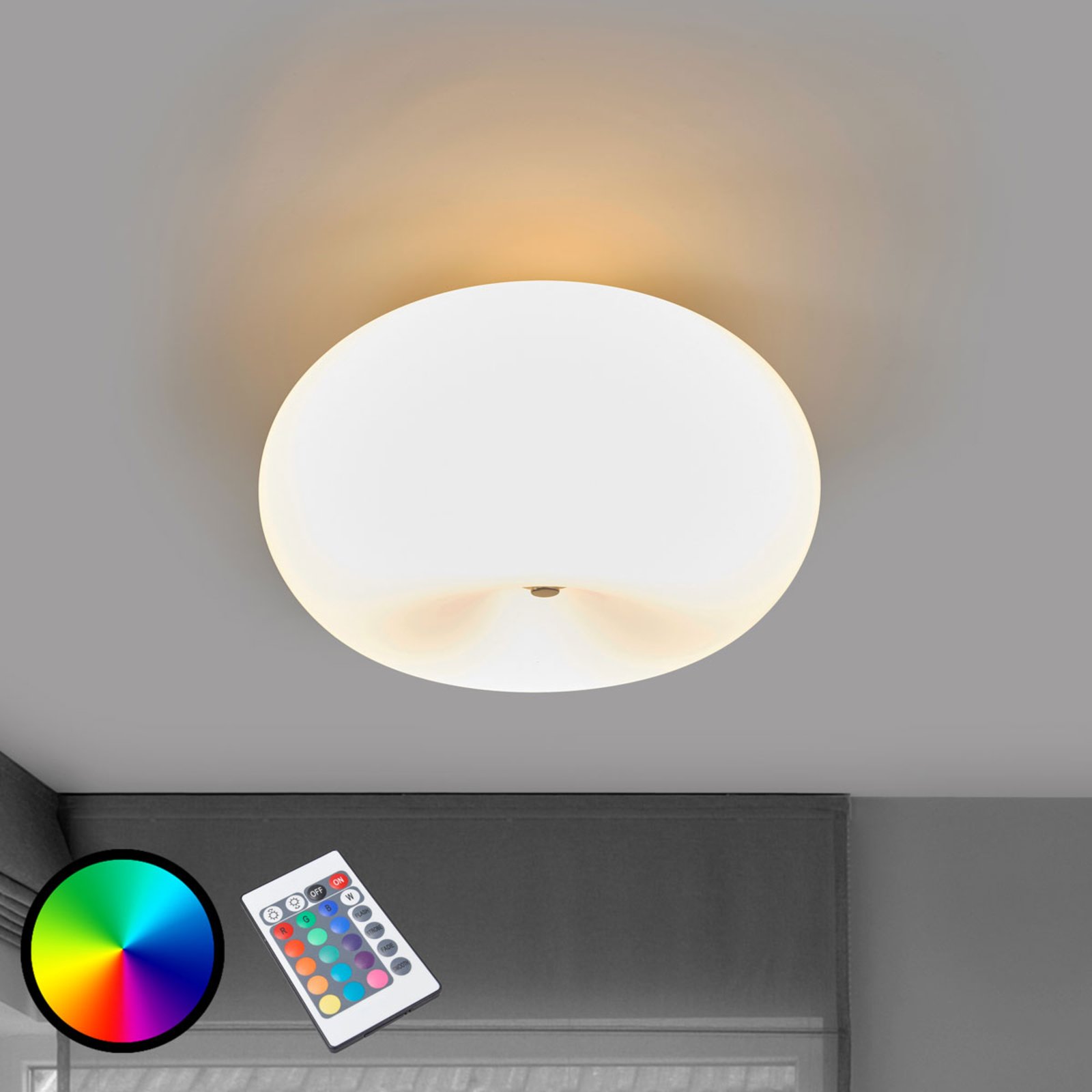 EGLO LED ceiling lamp Optica-C RGBW w. remote, for Living / Dining Room, steel, glass, E27, 7.5 W, energy efficiency: A, H: 17 cm