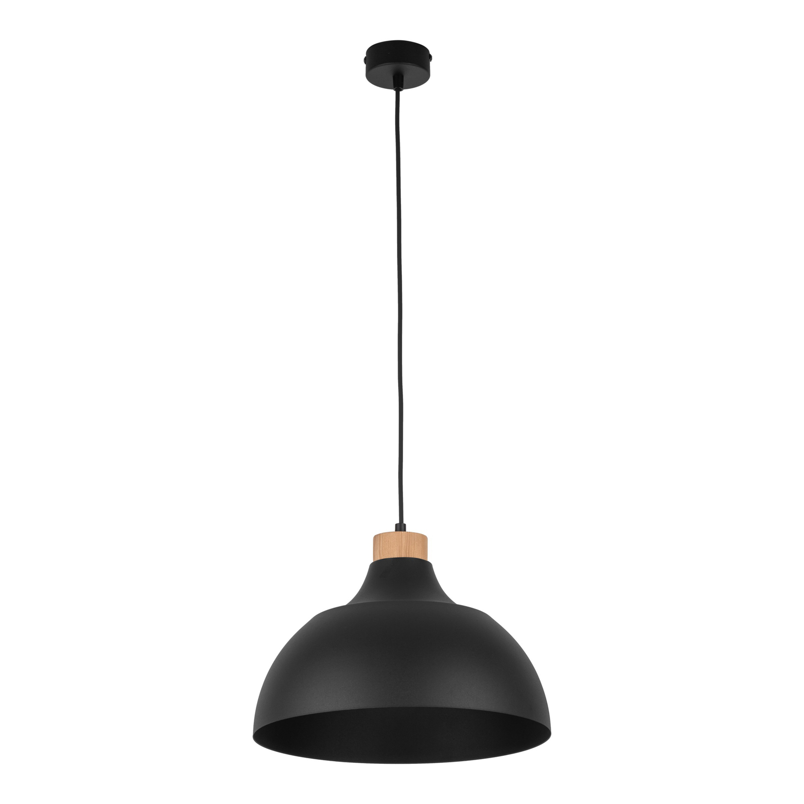 Lampă suspendată Envostar Kaitt, detaliu din lemn, Ø 34 cm, negru
