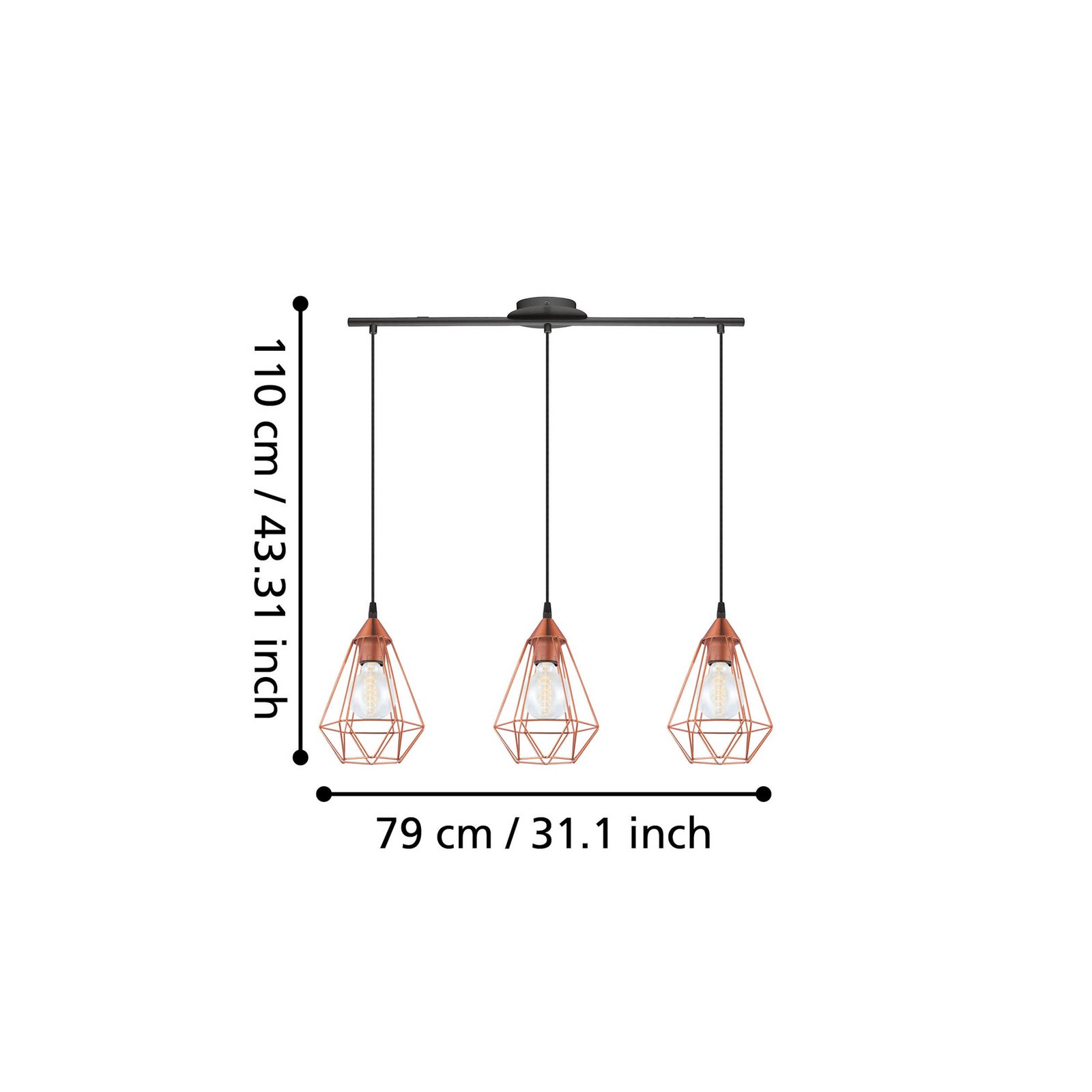 Tarbes kabantis šviestuvas, varinis, 3 žibintų, pailgas Tarbes kabantis šviestuvas, varinis, 3 žibintų, pailgas