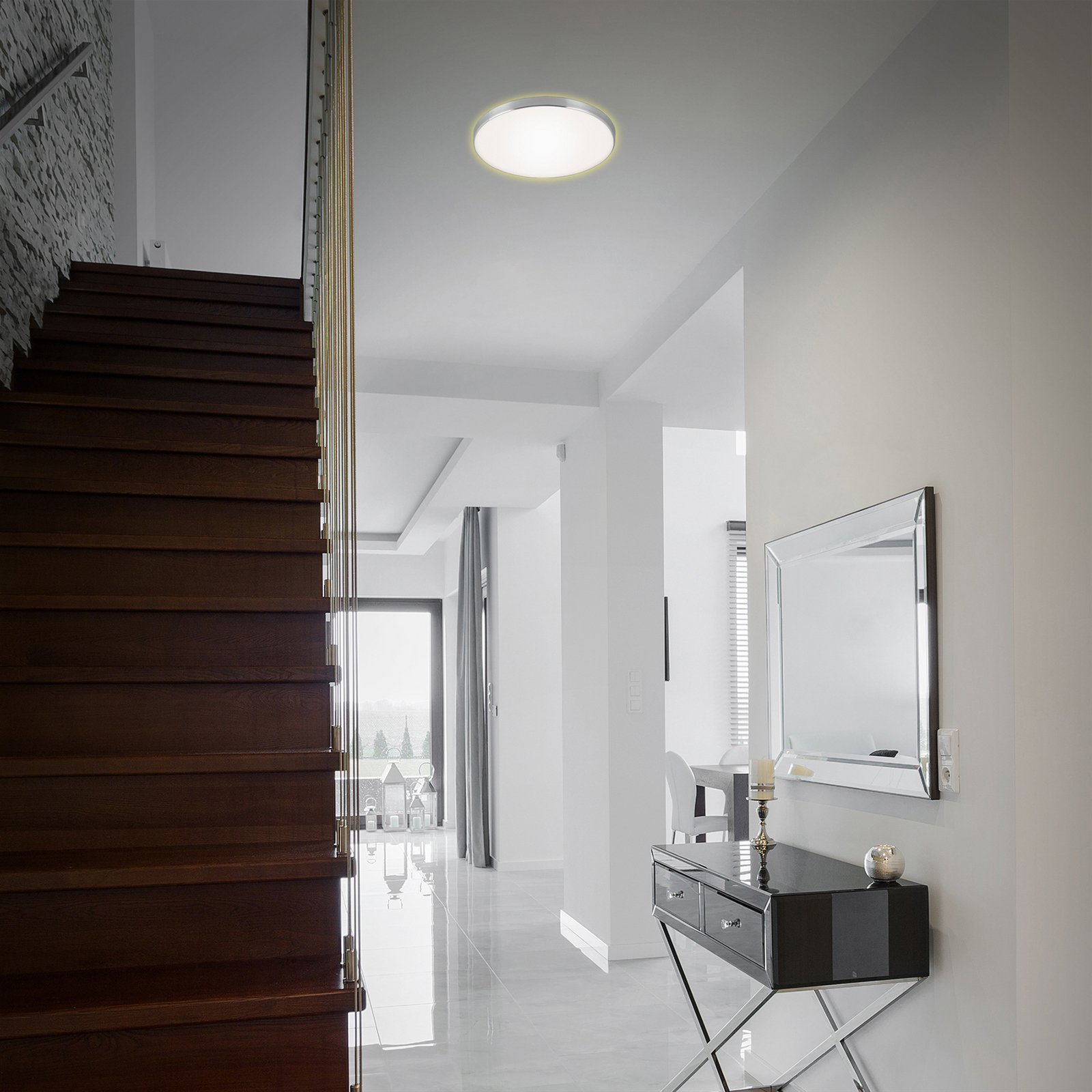 Plafonnier LED Flet, blanc/chrome, Ø 28,5cm, 3.000K