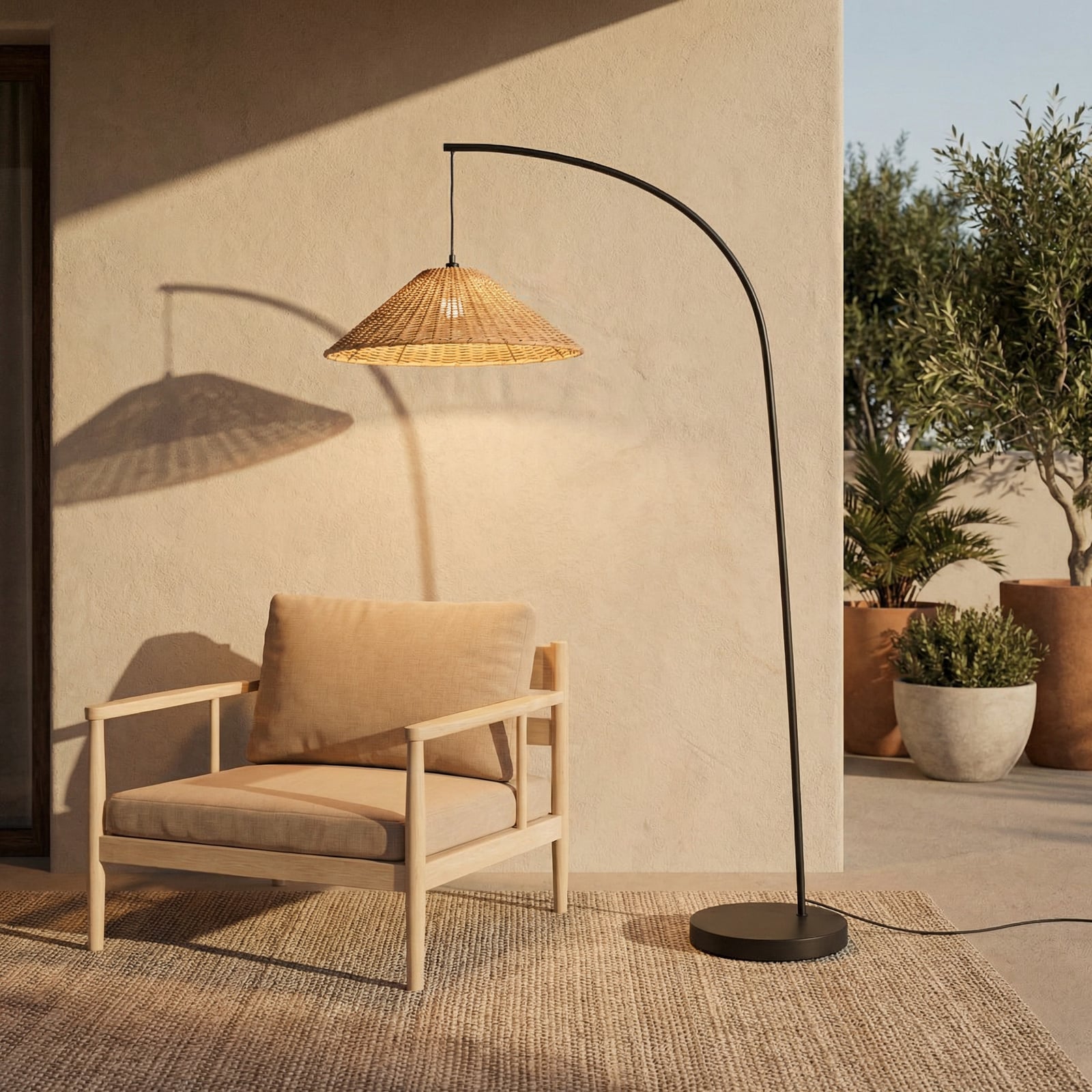 Venkovní stojací lampa Taniola, 195 cm, E27, kuželovitá, ratan, IP44 - Lucande