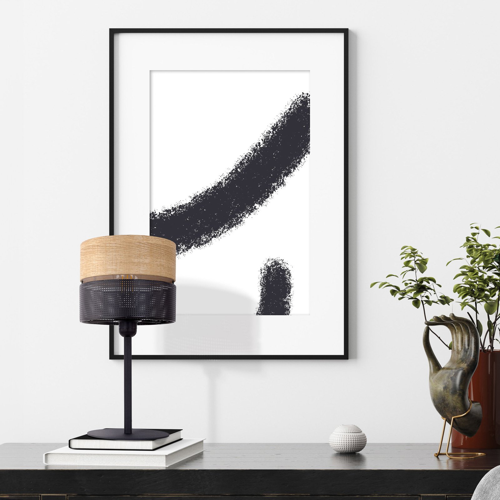 Lampe à poser Nicol, noir, aspect bois, hauteur 45 cm, 1 x E27