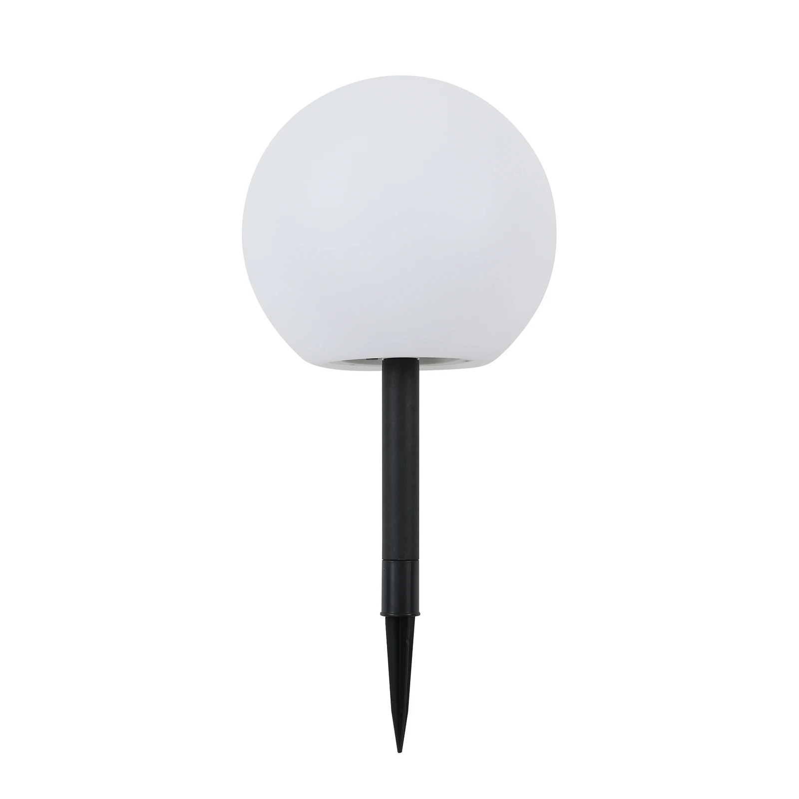 Lindby LED solárna lampa Lago, Ø 25 cm, guľa, zemný hrot, biela