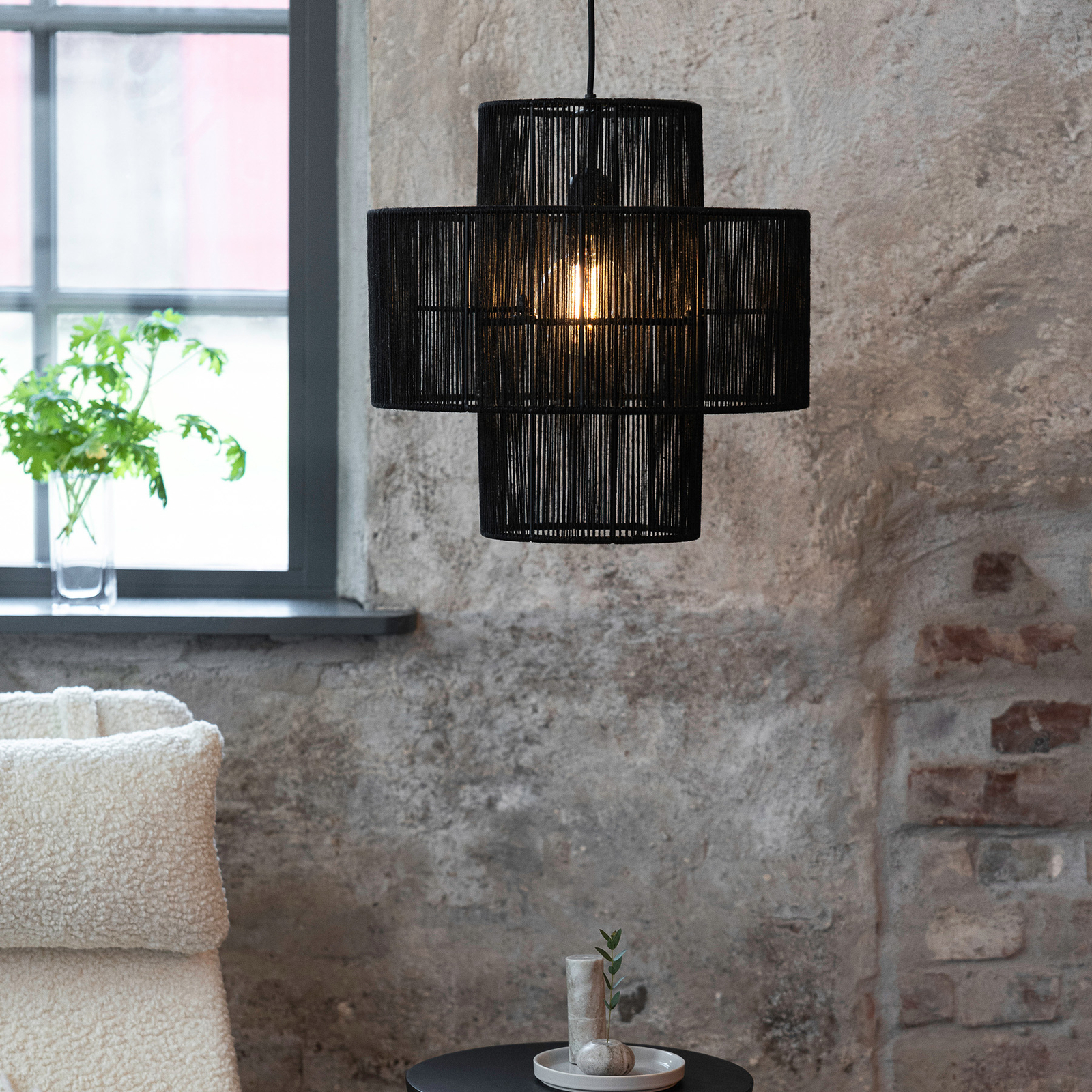 Soga hanging light, plug, black, jute, Ø 40 cm