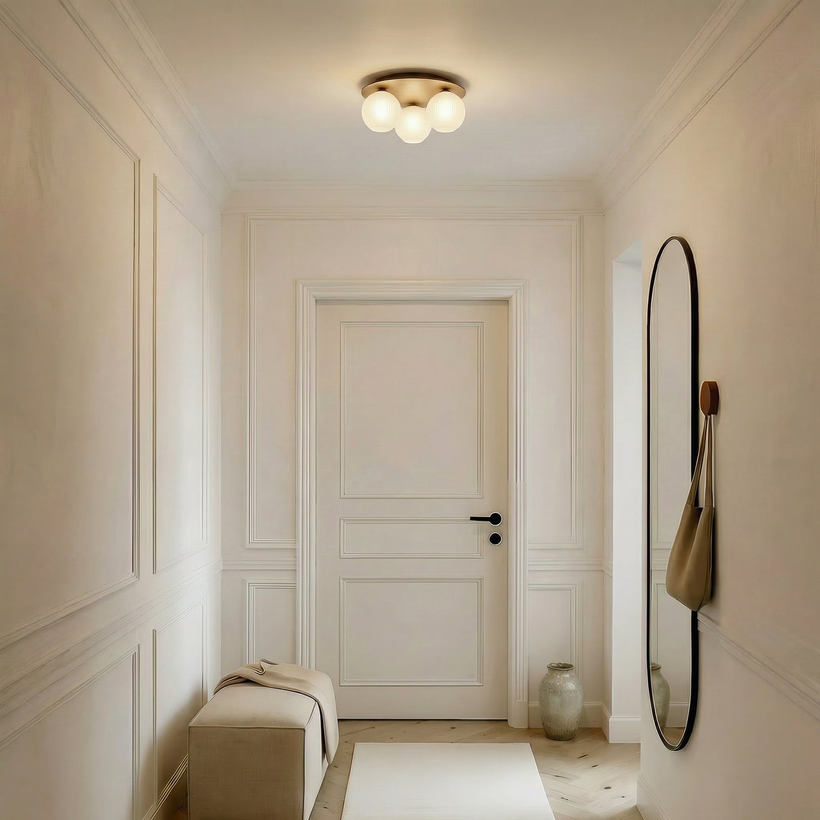 Lampa sufitowa Virlo, 3-punktowa, szkło opalowe, drewno, Ø 42 cm