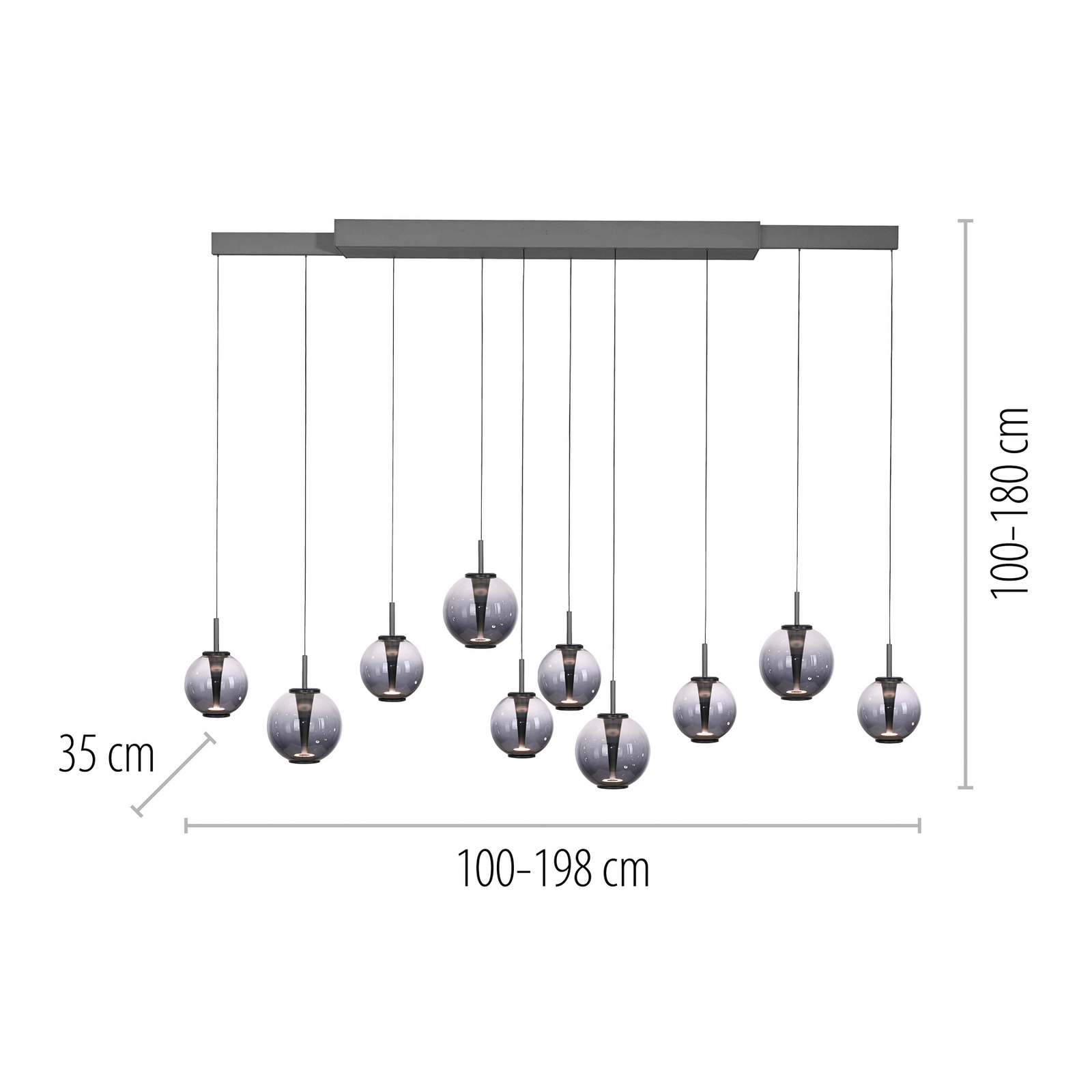 PURE LED-Pendellampe E-Infinity grau/rauchgrau 198 cm,10-flg