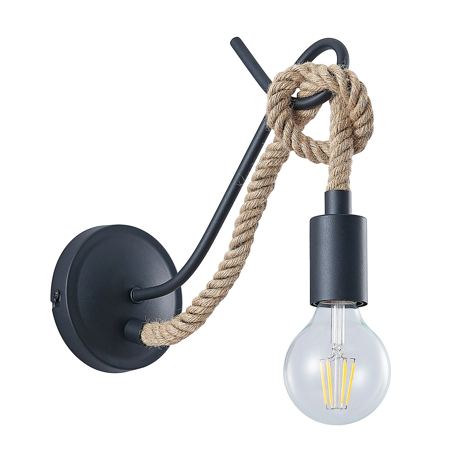 Aplică de perete Lucande Ropina, negru, frânghie de cânepă, înălțime 25cm