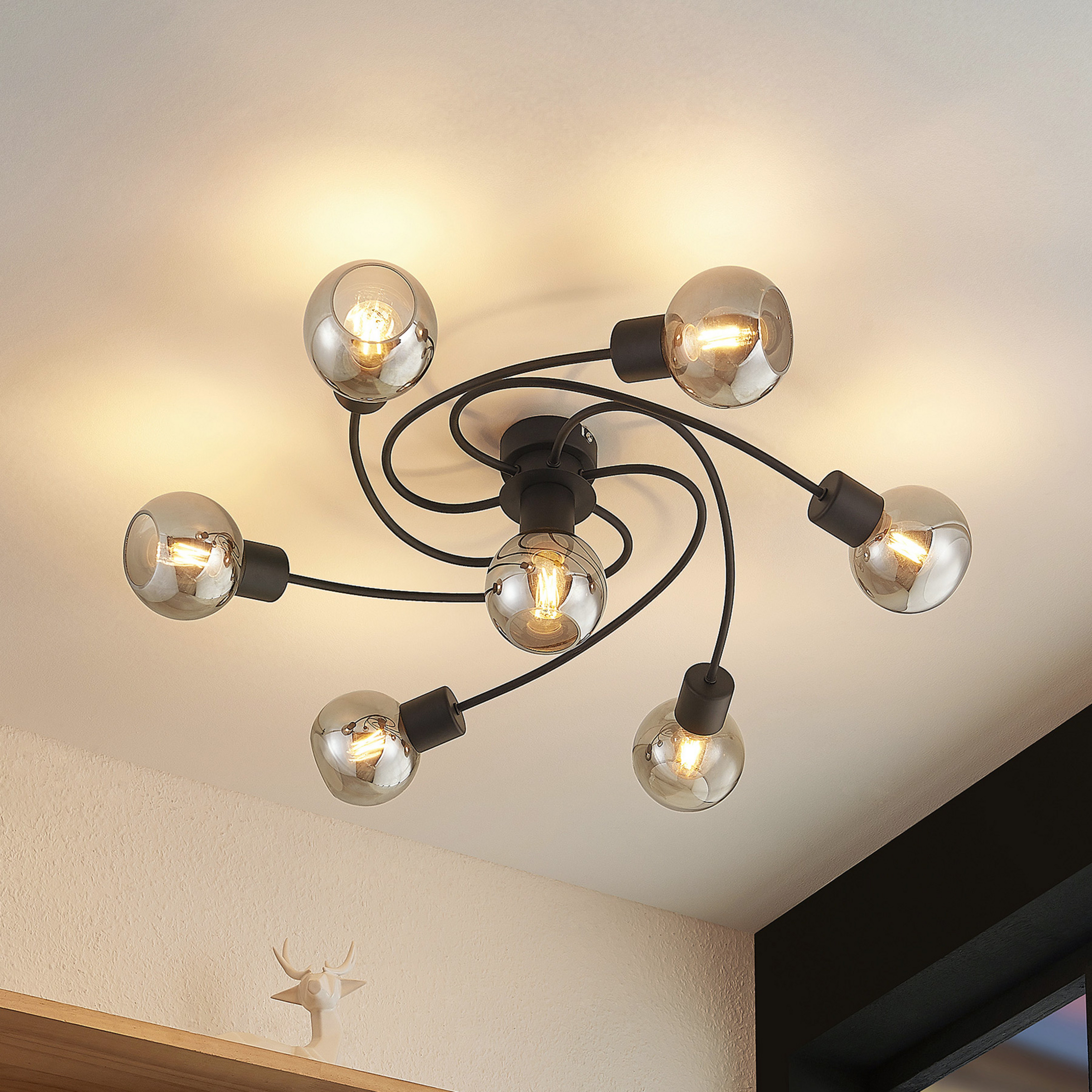 Lindby Deckenlampe Ciala, 7-flammig, schwarz, Glas, E14