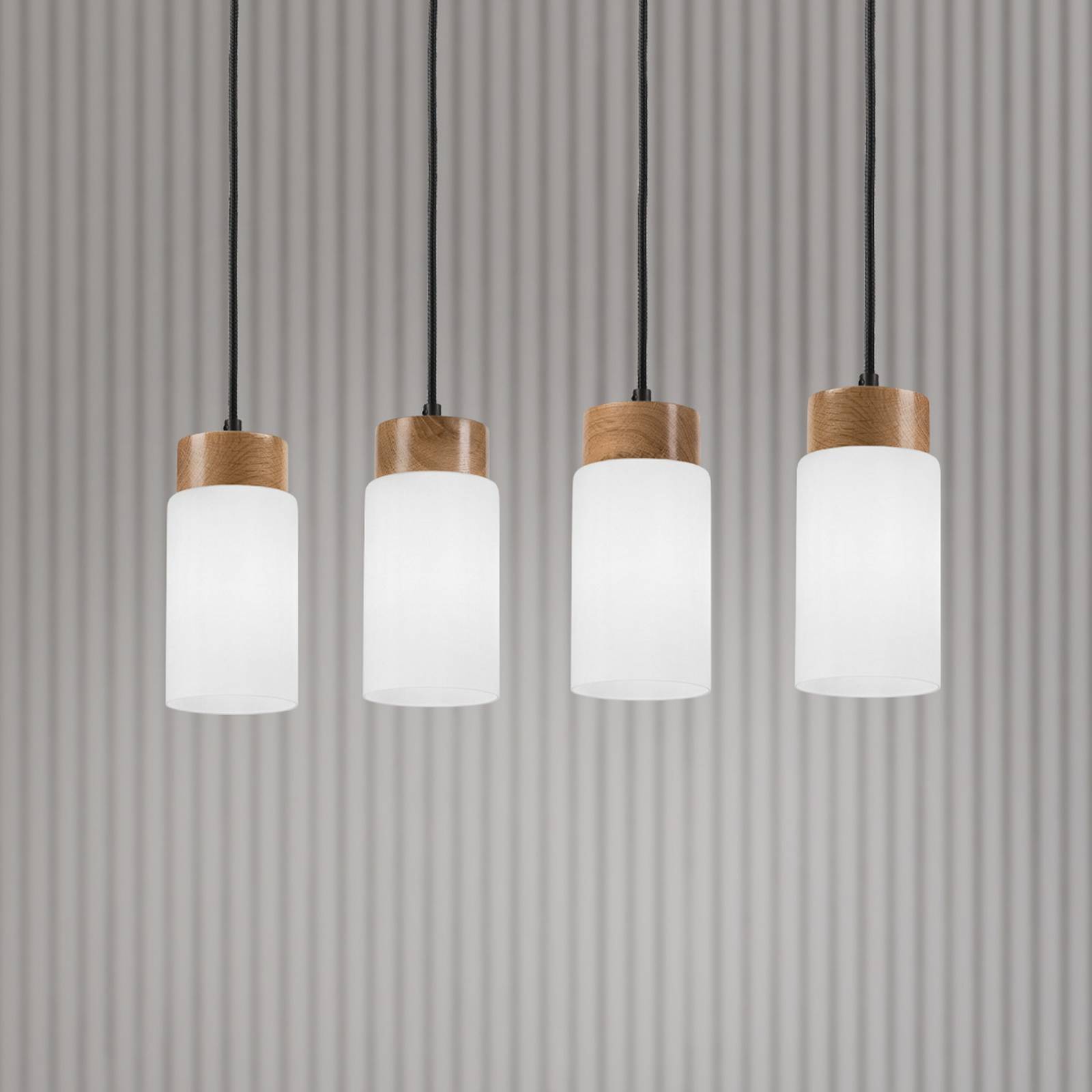 Hängeleuchte Markus, Opalglas/Eichenholz, Länge 80 cm 4-flg. günstig online kaufen