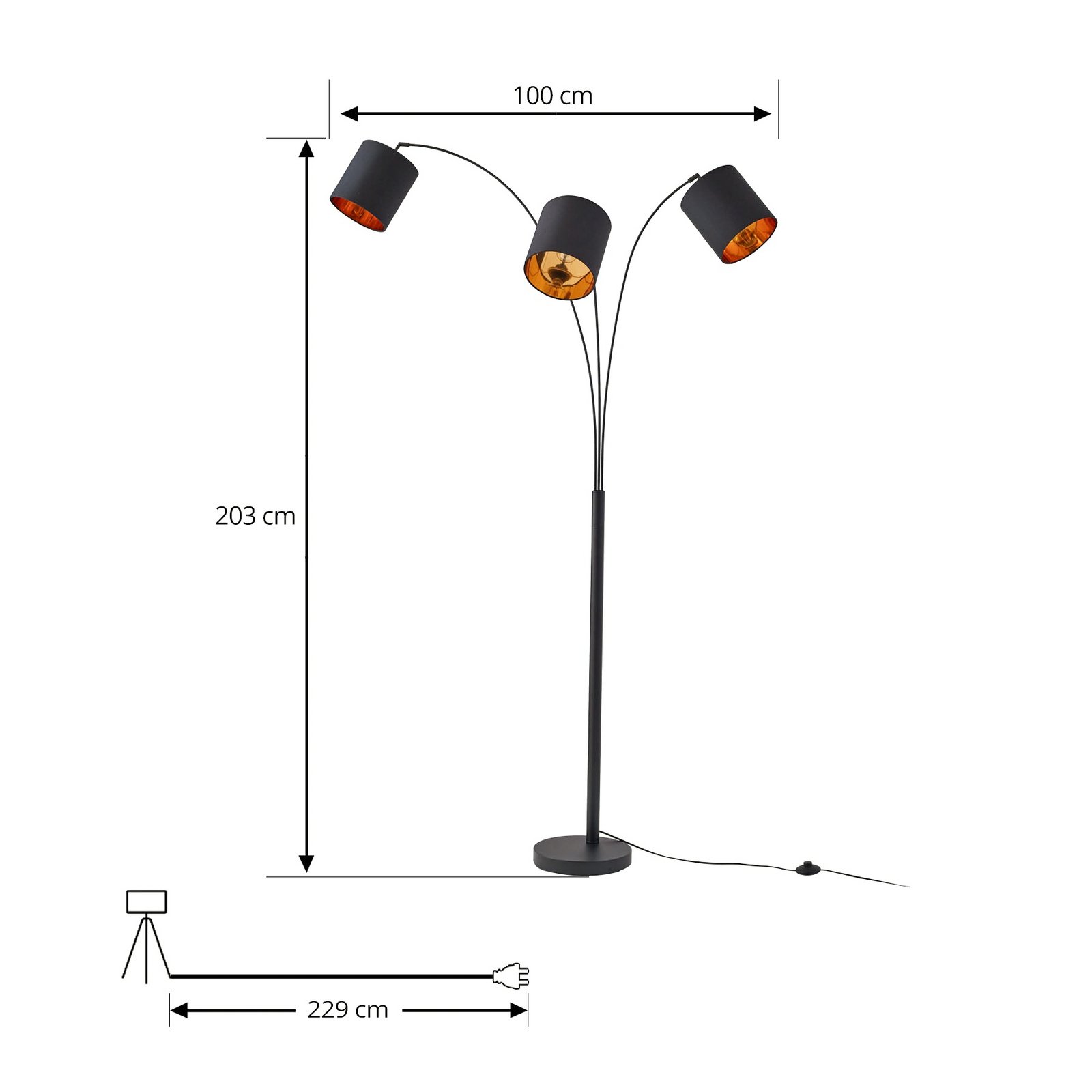 Lindby lampe sur pied Nanika, noir/or, 202 cm, E27, 3 lampes