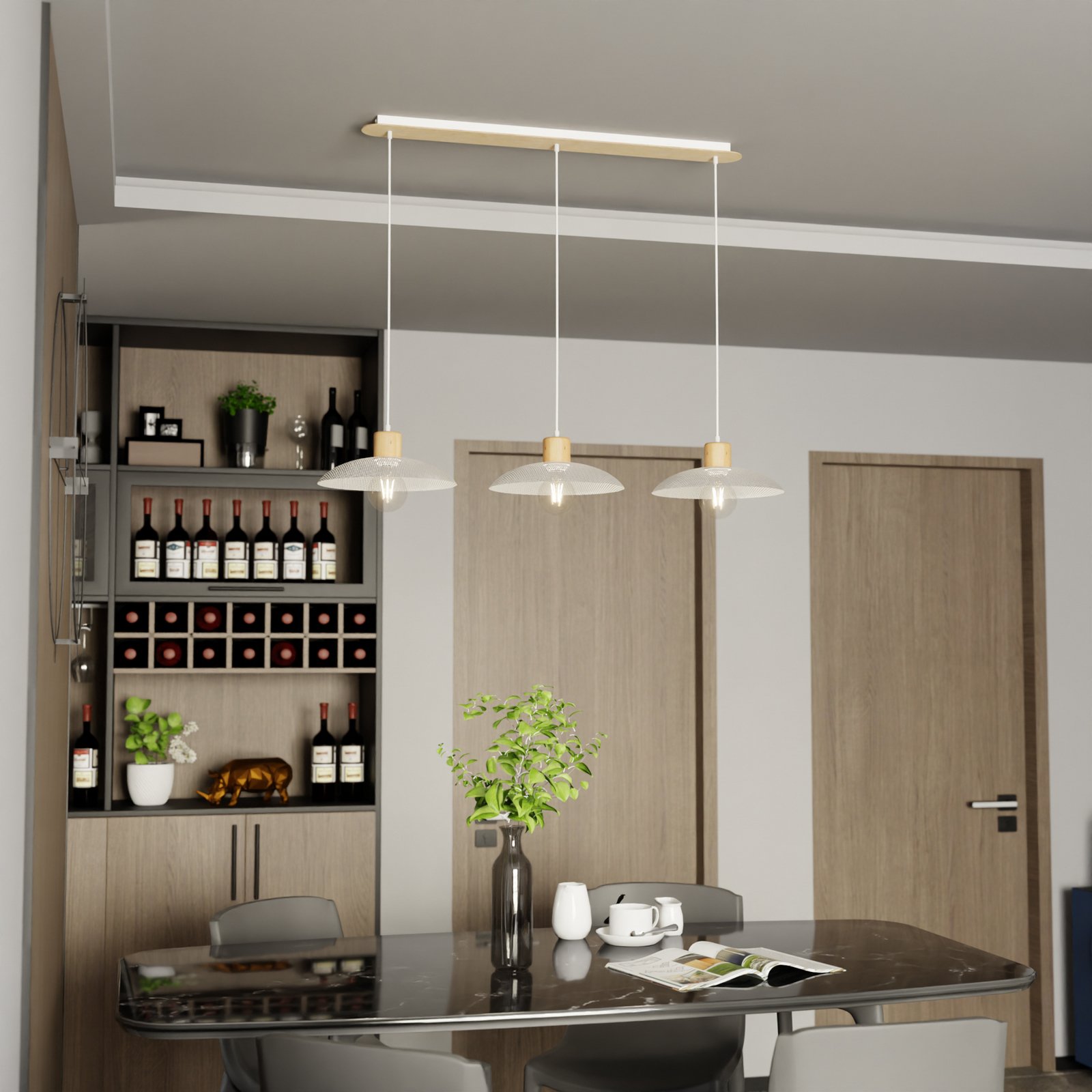Hängeleuchte Kobe, dreiflammig, Stahl, Holz, weiß