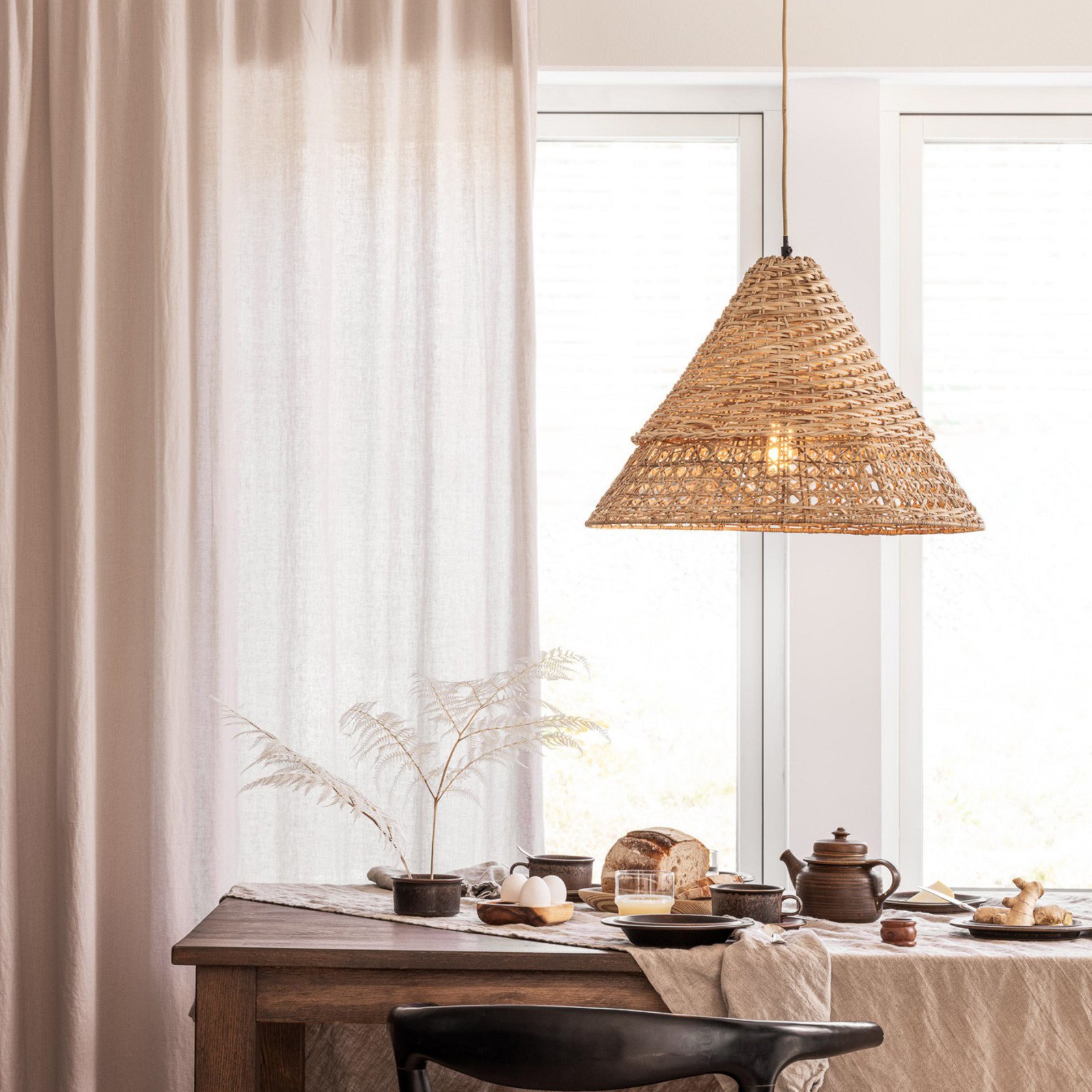 PR Home Pune lampă pendul cu abajur din ratan - Camera de zi / sufragerie - lemn deschis la culoare
