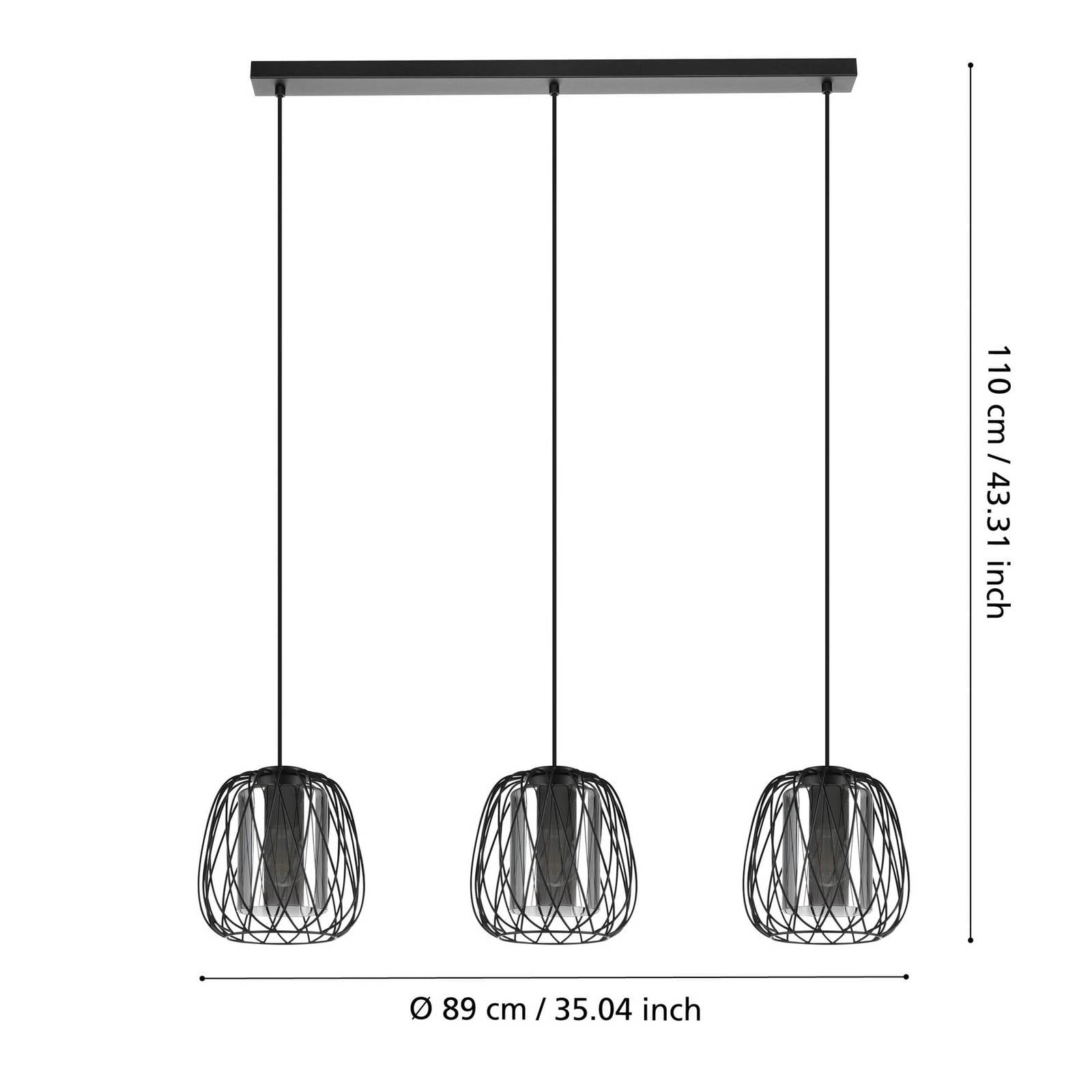 Lampa wisząca Floresta, czarna, długość 89 cm, stal/szkło, 3-punktowa