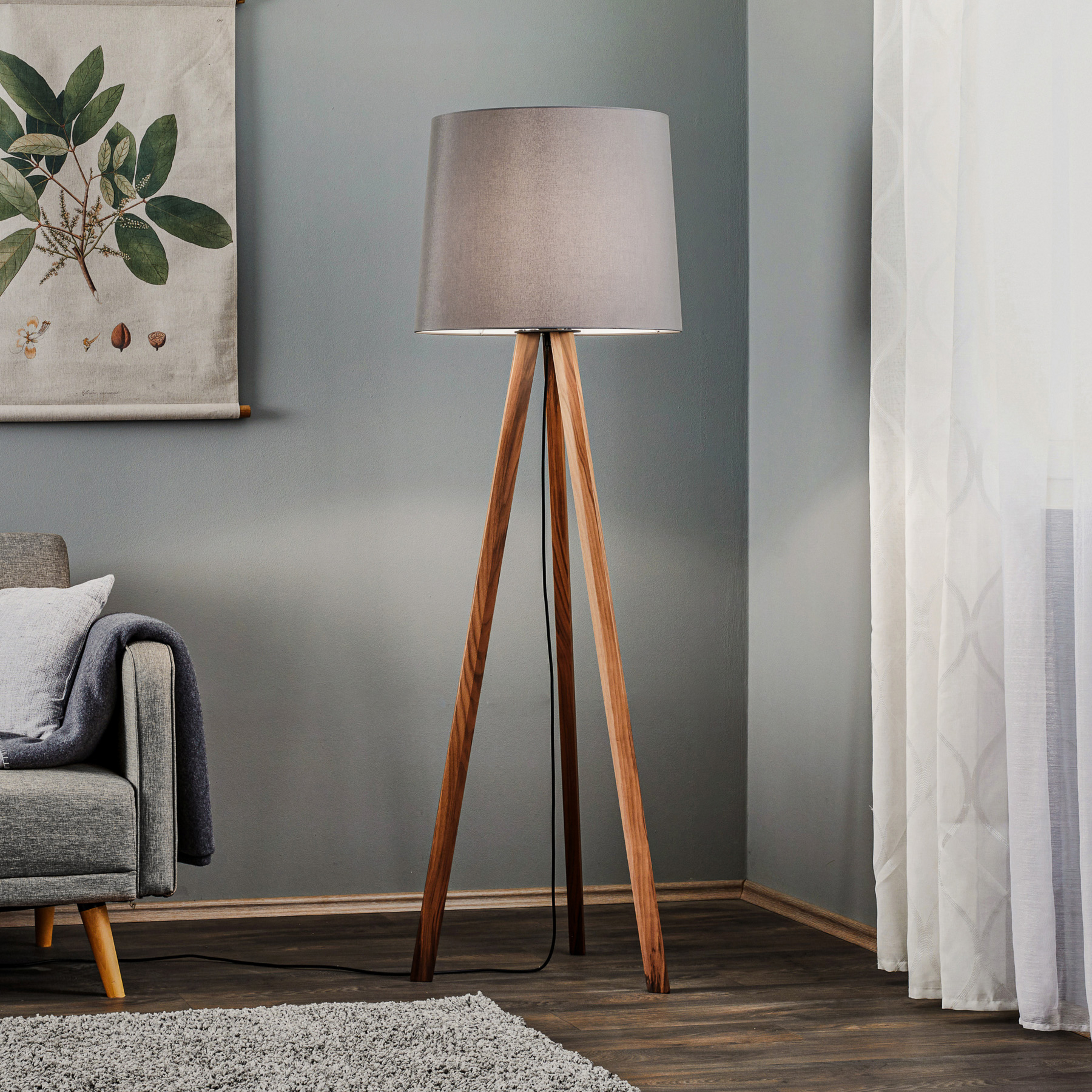 Quitani Lampadaire tripode Alos, noyer, graphite