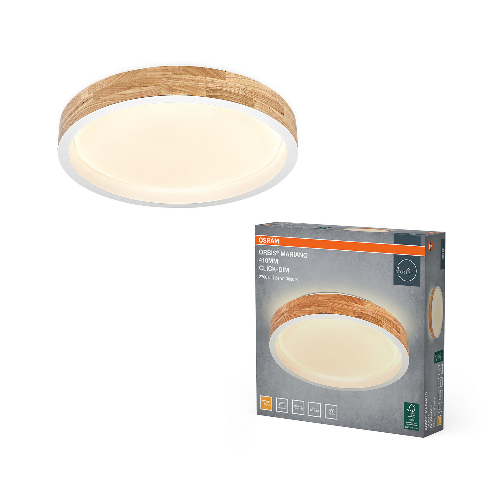 Φωτιστικό οροφής LED OSRAM ORBIS MARIANO, ξύλο/λευκό, Ø 41 cm, ρυθμιζόμενη Φωτιστικό οροφής LED OSRAM ORBIS MARIANO, ξύλο/λευκό, Ø 41 cm, ρυθμιζόμενη