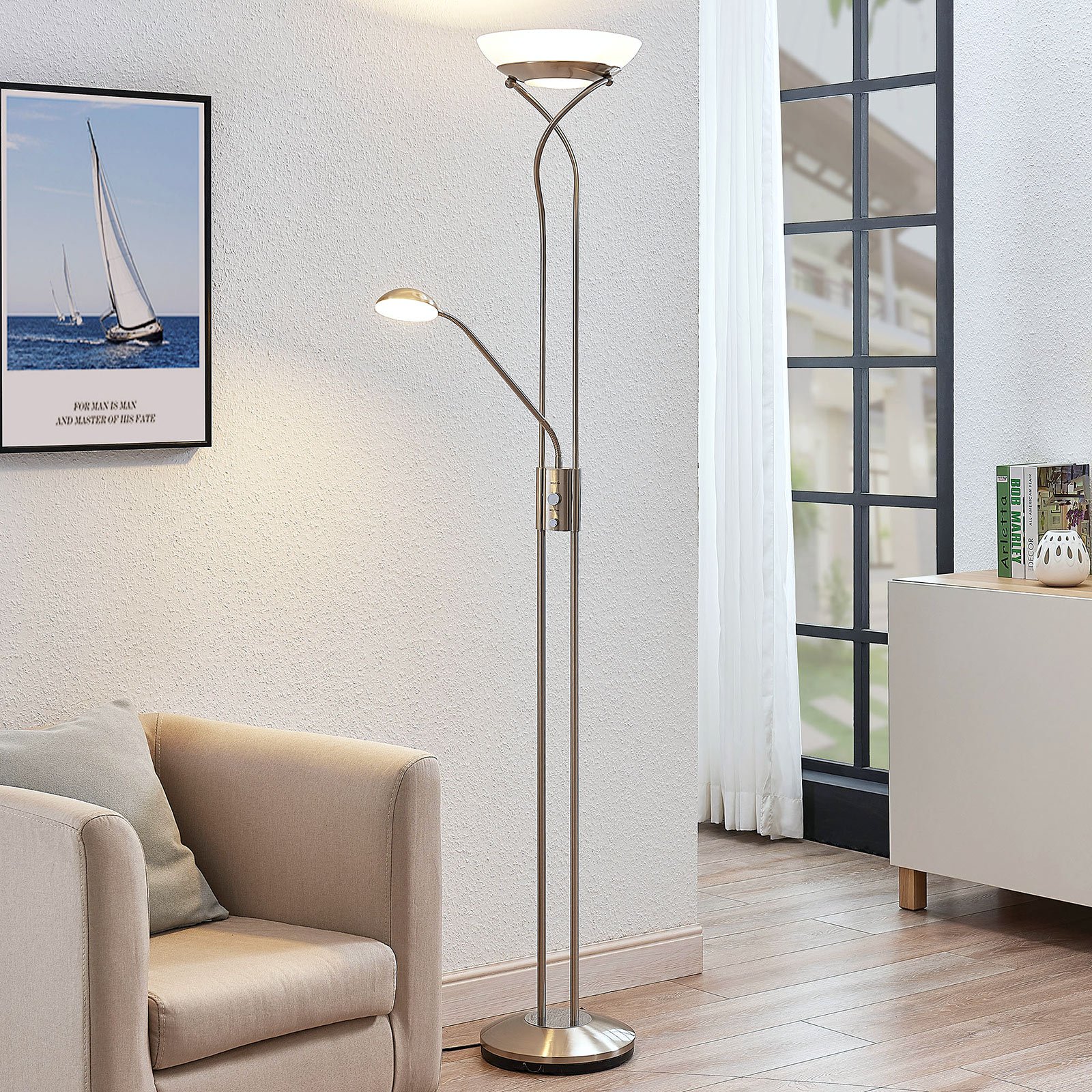 Lindby Luciana LED uplighter with reading light, nickel, for Living / Dining Room, iron, glass, polycarbonate, 25 W, energy efficiency: A+, H: 180 cm