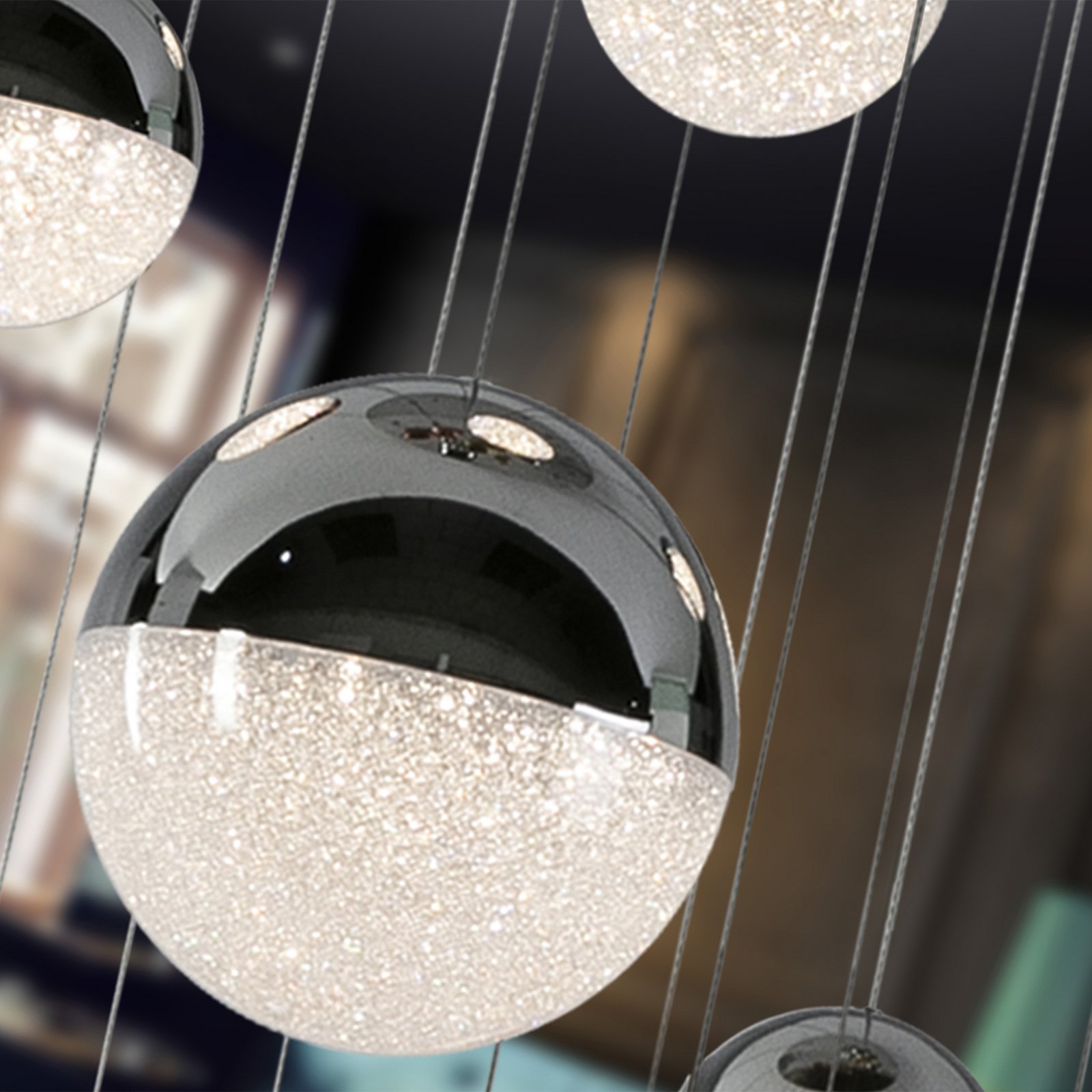 LED piekaramais gaismeklis Sphere, 14 gaismu, hroms, dimmējams, Ø 60 cm