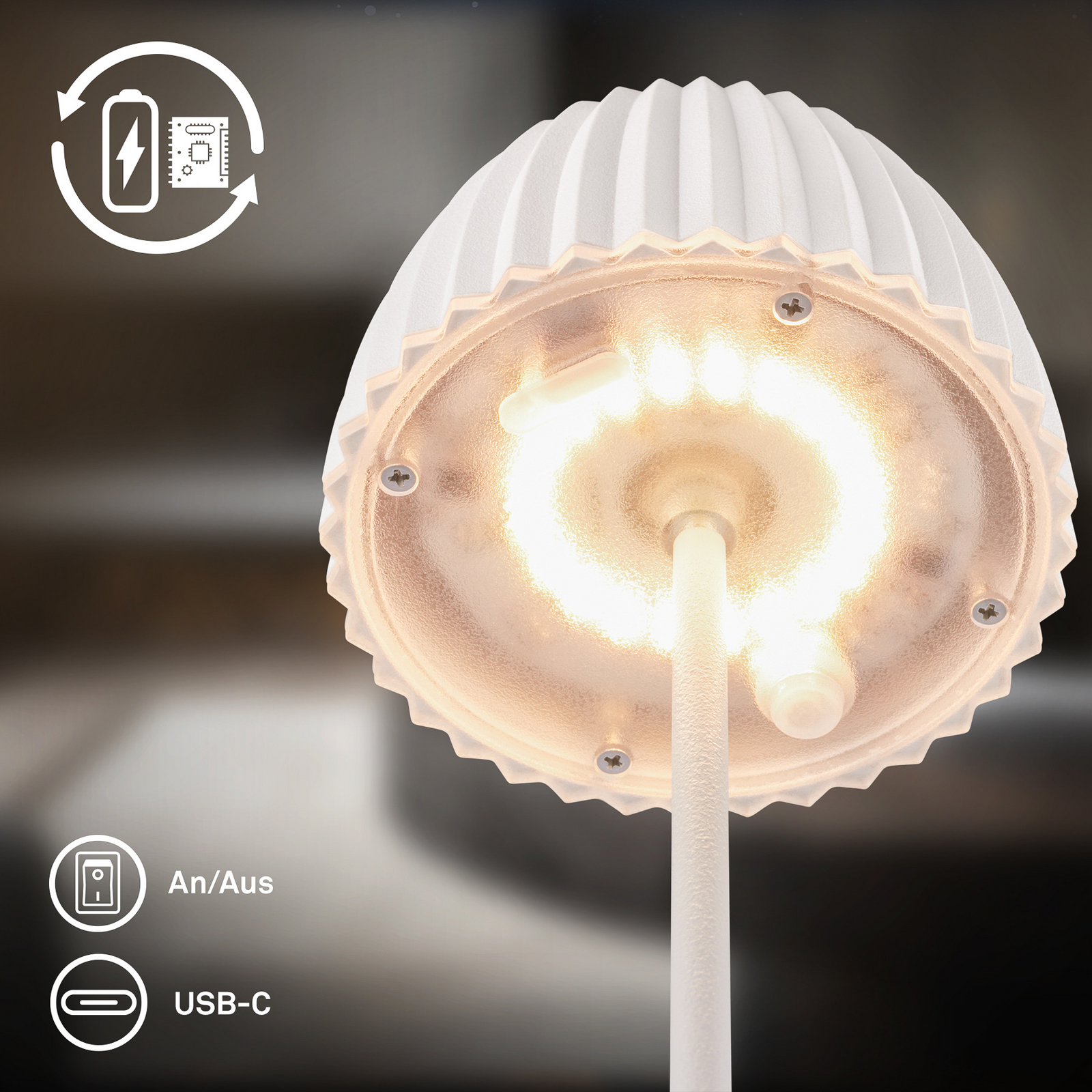 Lampă de masă cu baterie LED Brilo unplugged Riffle, 20 cm, albă