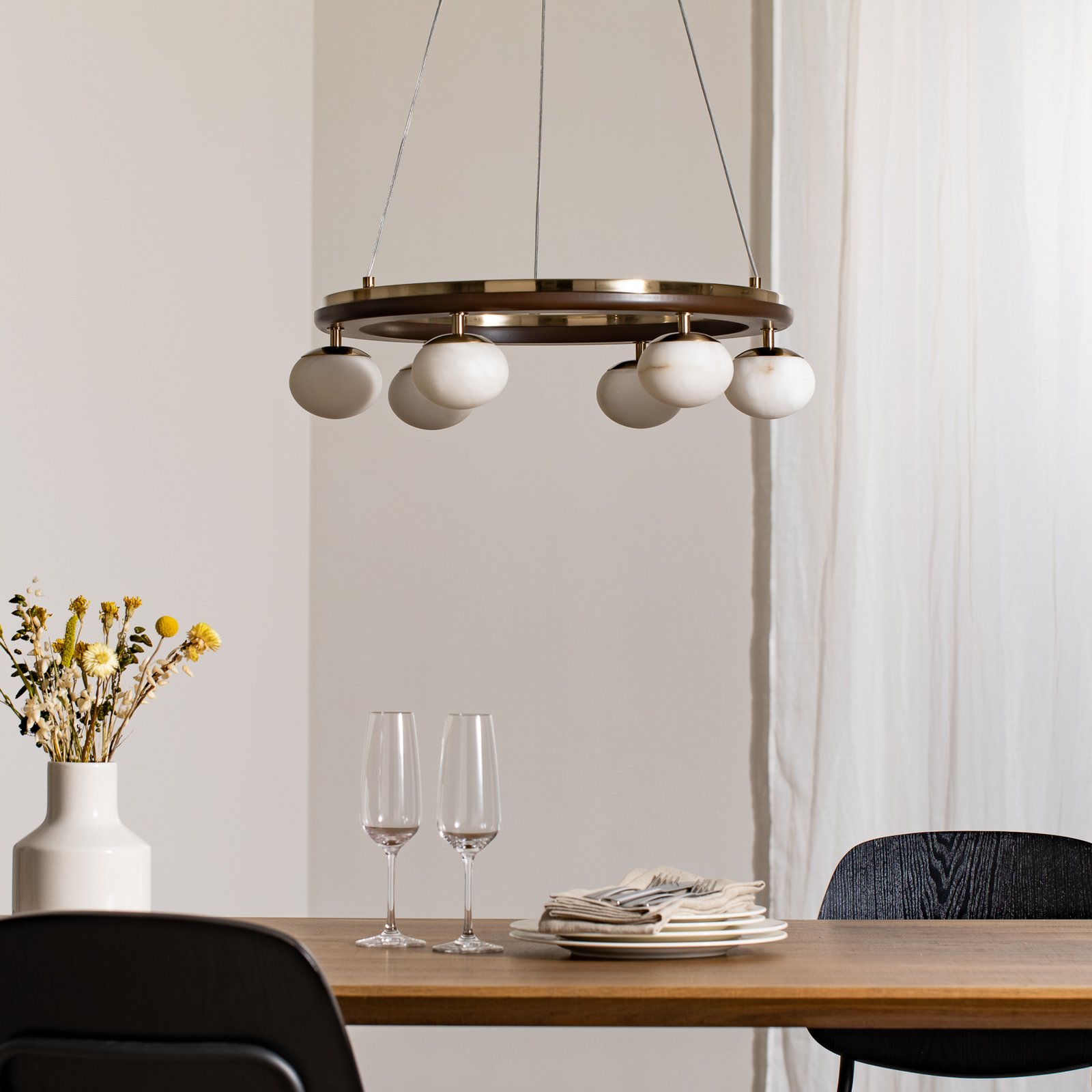 Suspension Tolosa, Ø 52 cm, laiton, à 6 lampes, verre, bois
