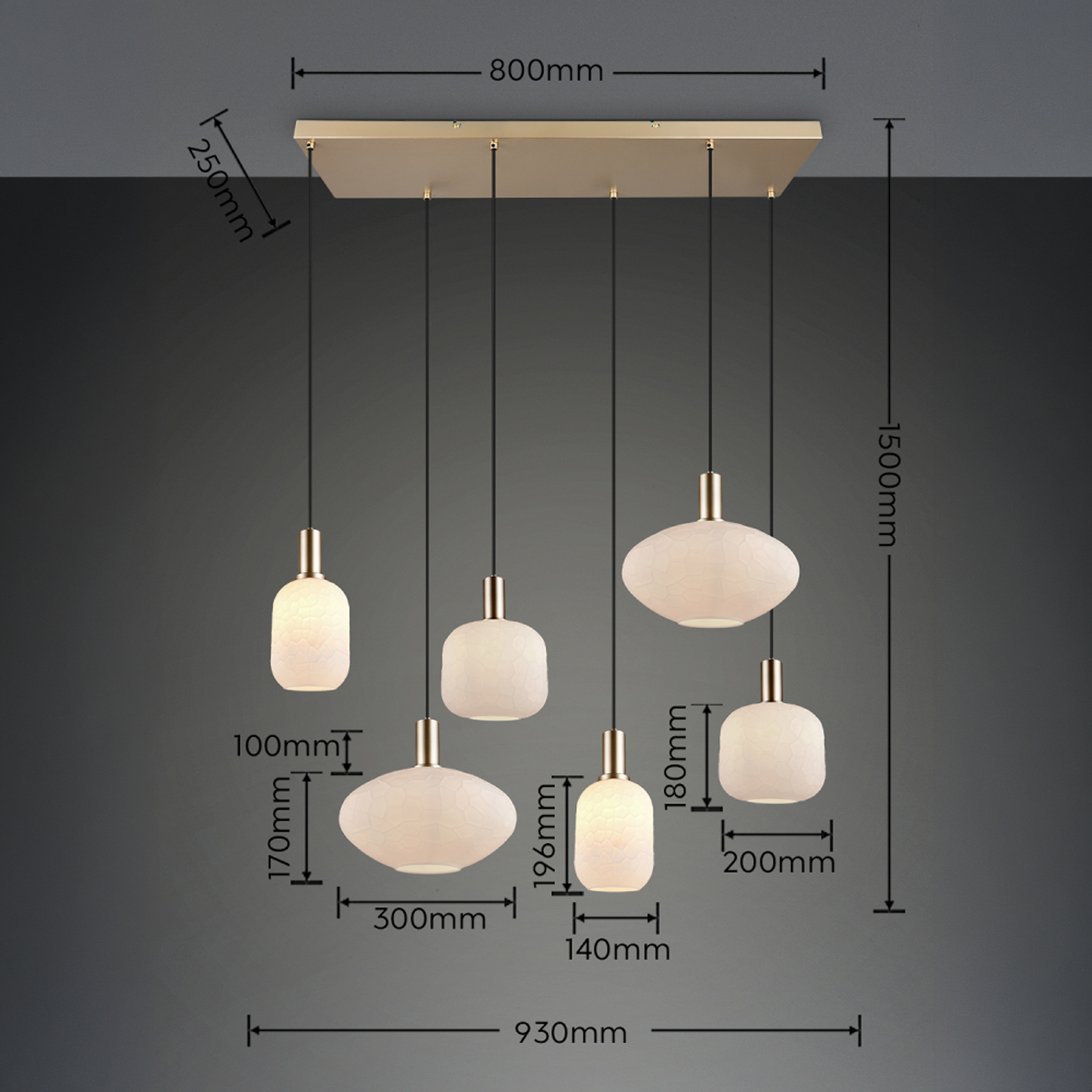 Hanglamp Emelie, 6-lamps, goudkleurig/wit, metaal, glas, E27 Hanglamp Emelie, 6-lamps, goudkleurig/wit, metaal, glas, E27