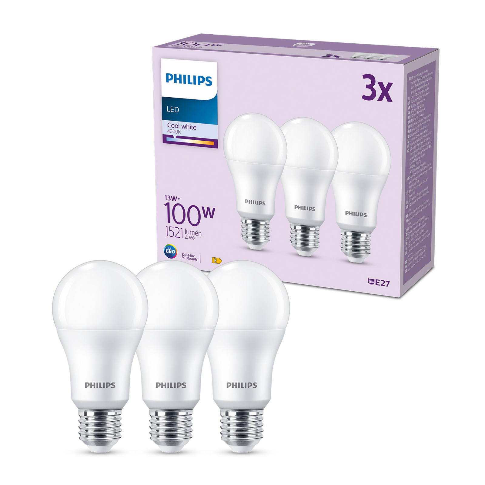 Philips LED-lampa E27 13W 1.521 lm matt 3-pack