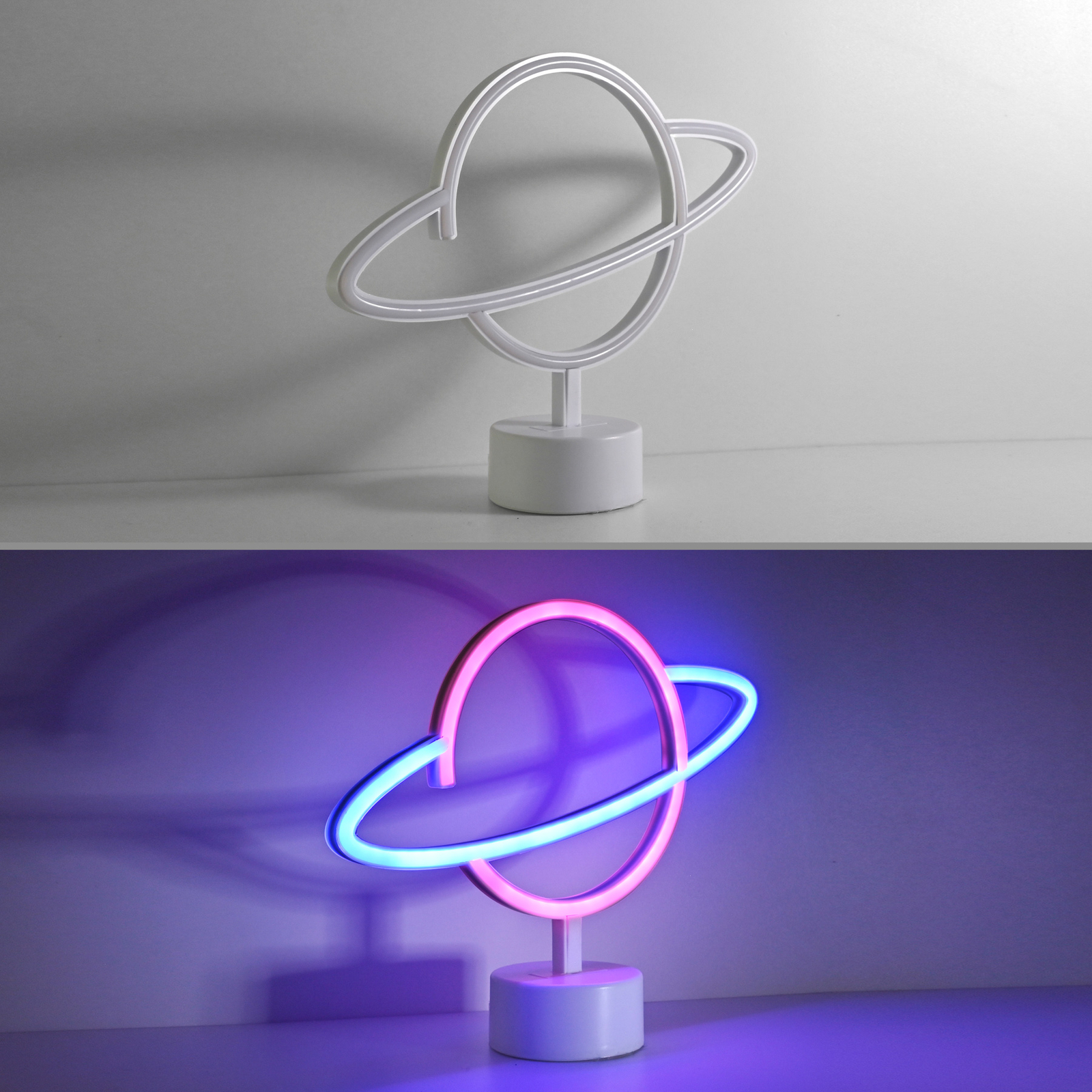 Neon Saturn LED table lamp, battery-powered