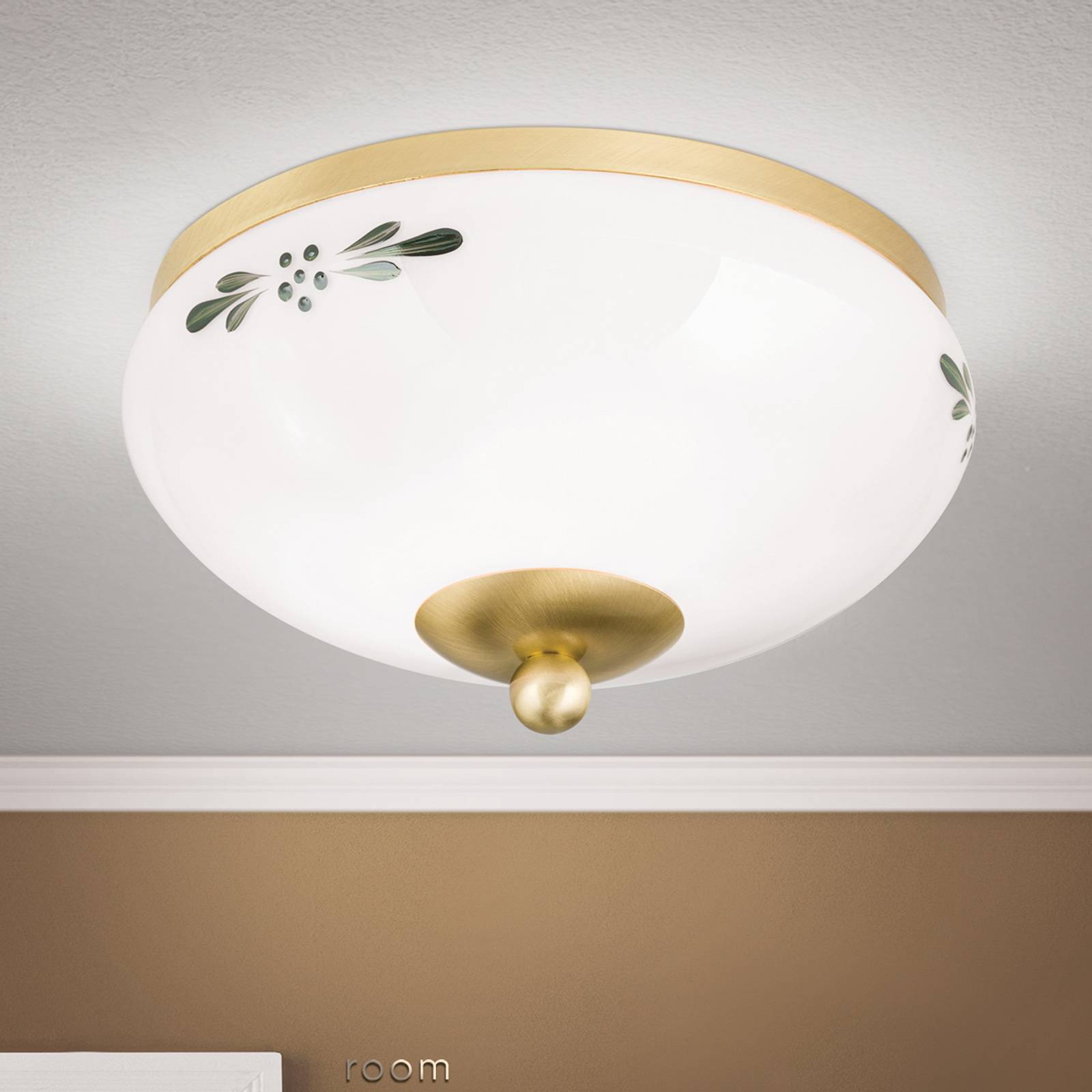 Lampa sufitowa Landhaus mosiądz opal zielona Ø21cm