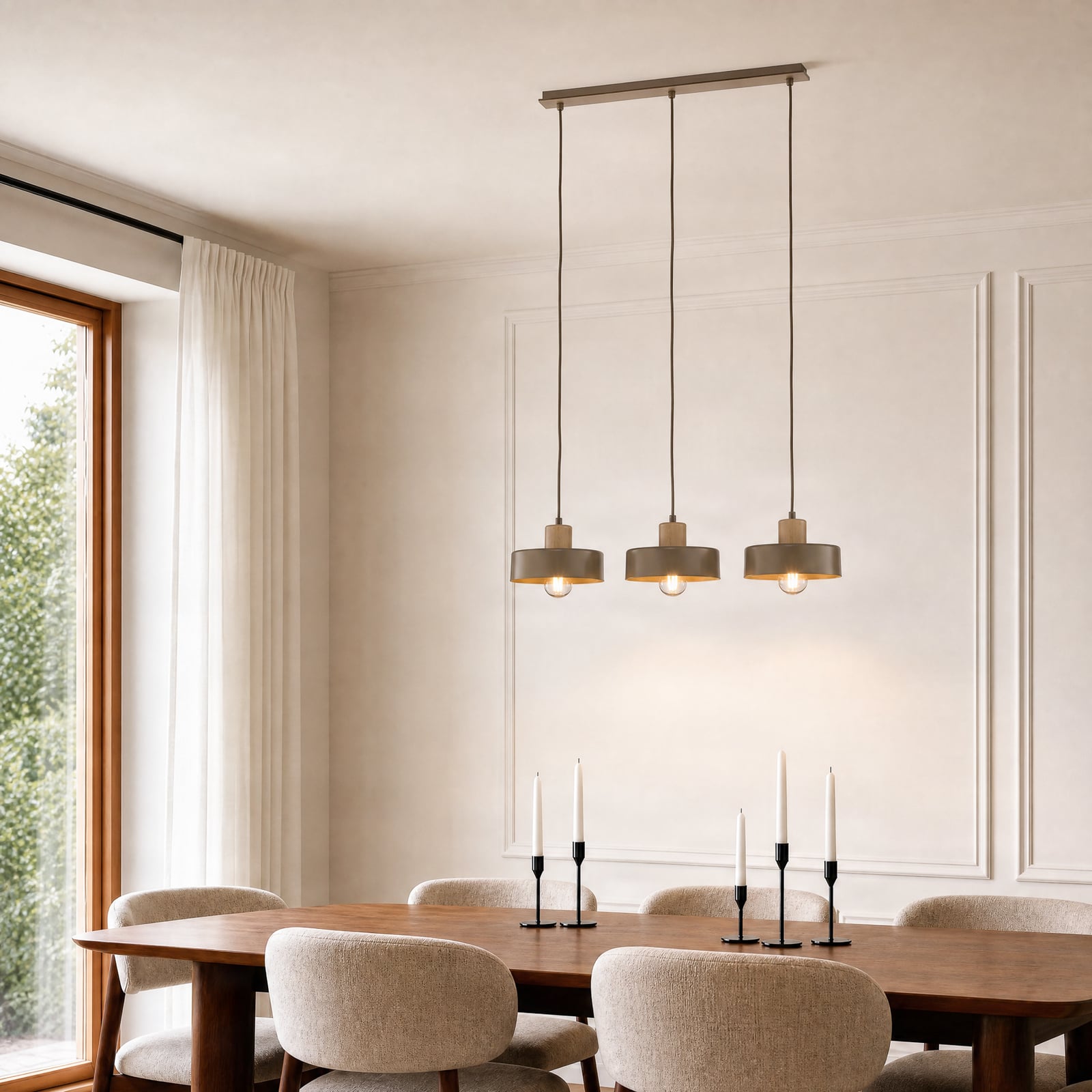 Torin pendant light, beige, length 80 cm, 3-bulb, metal and wood