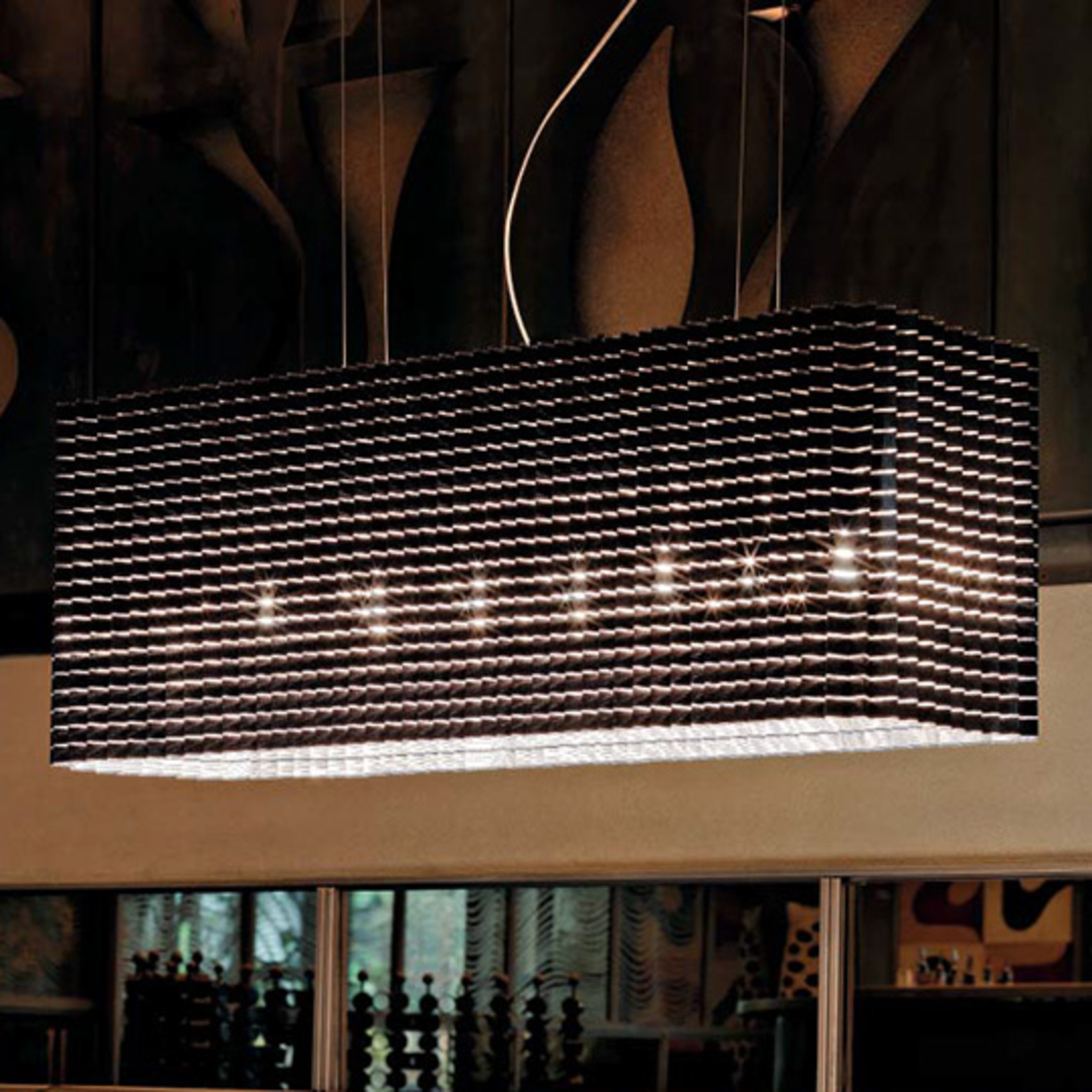 Luceplan Variable designer hanging light Plissé, Black, for Living / Dining Room, polyester, aluminium, metal, E14, 5 W, energy efficiency: A+, L: 160 cm, W: 27 cm, H: 30 cm