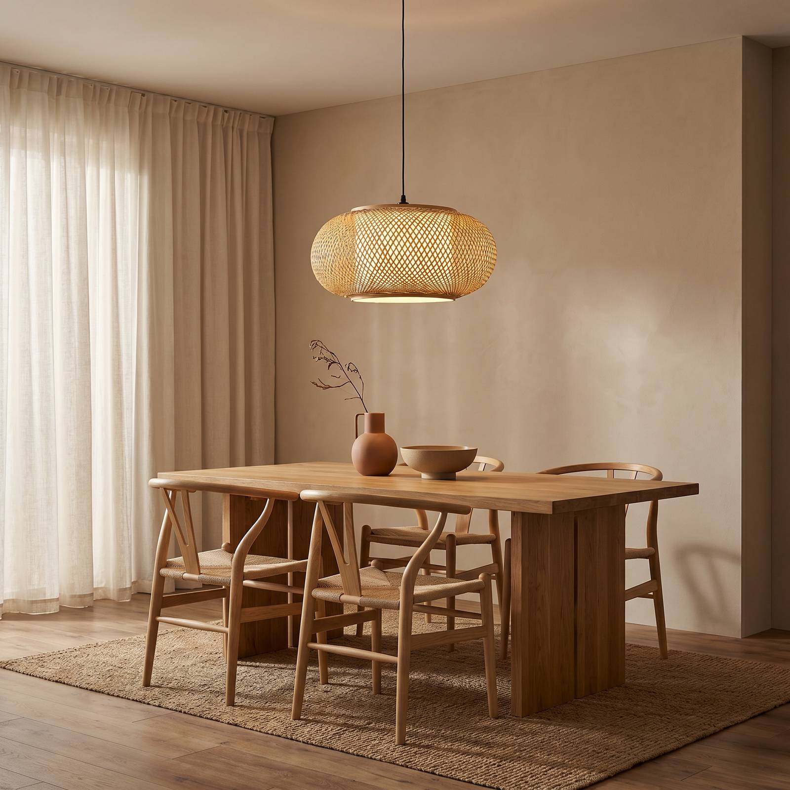 Żyrandol Lindby Romaine, kolor naturalny, Ø 50 cm, bambus, E27