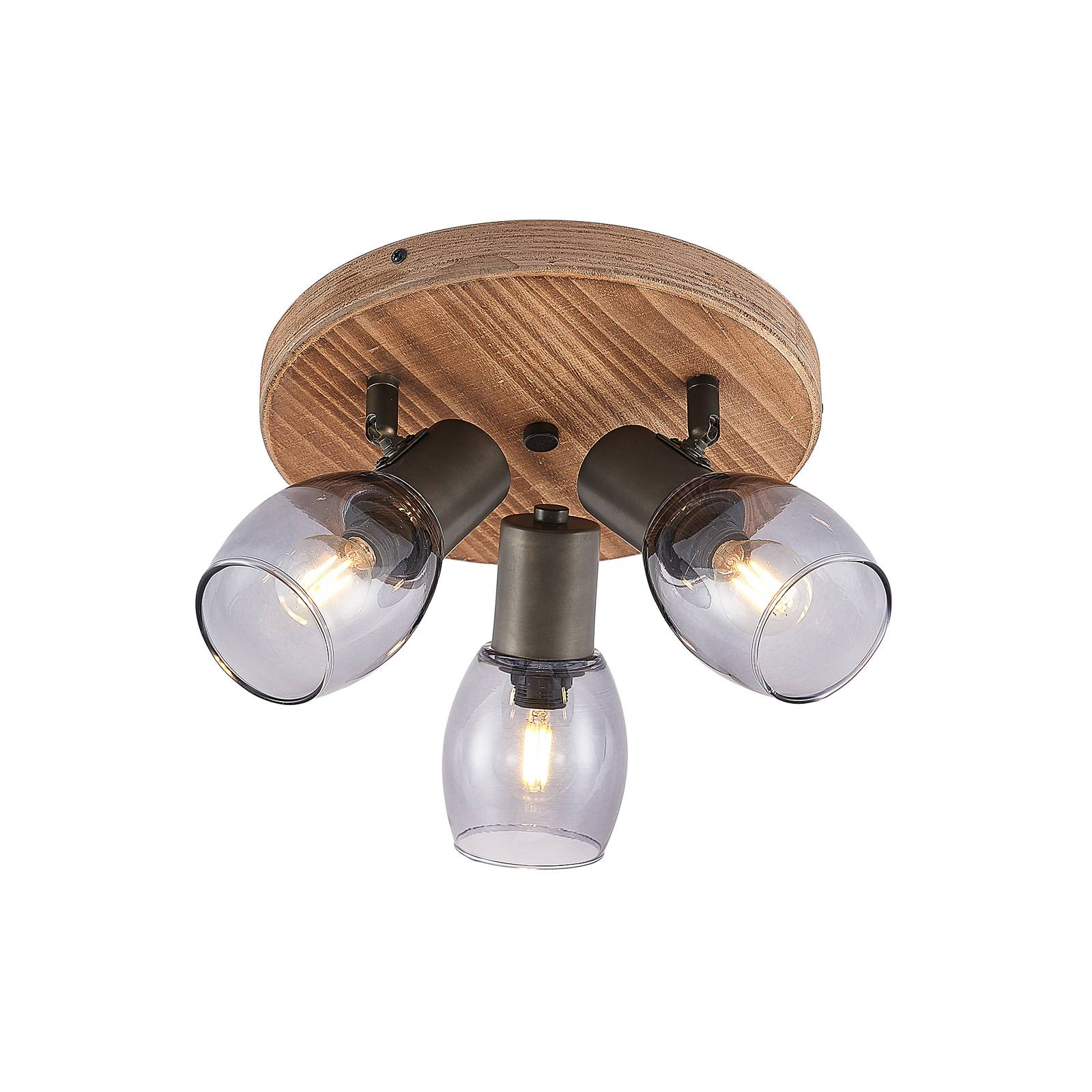 Lindby Ineska downlight, three-bulb, round, for Living / Dining Room, wood, metal, smoked glass, E14, 25 W, H: 18.5 cm