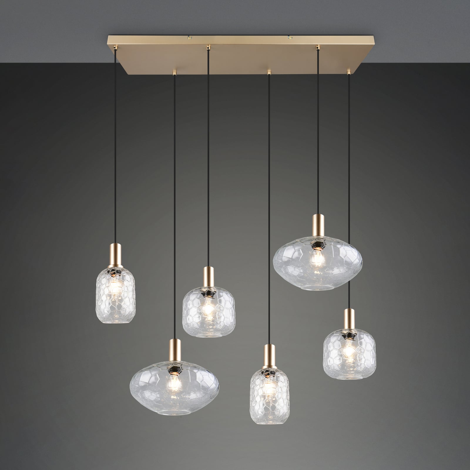 Lampă suspendată Emelie, 6 becuri, auriu/transparent, metal, sticlă, E27 Lampă suspendată Emelie, 6 becuri, auriu/transparent, metal, sticlă, E27