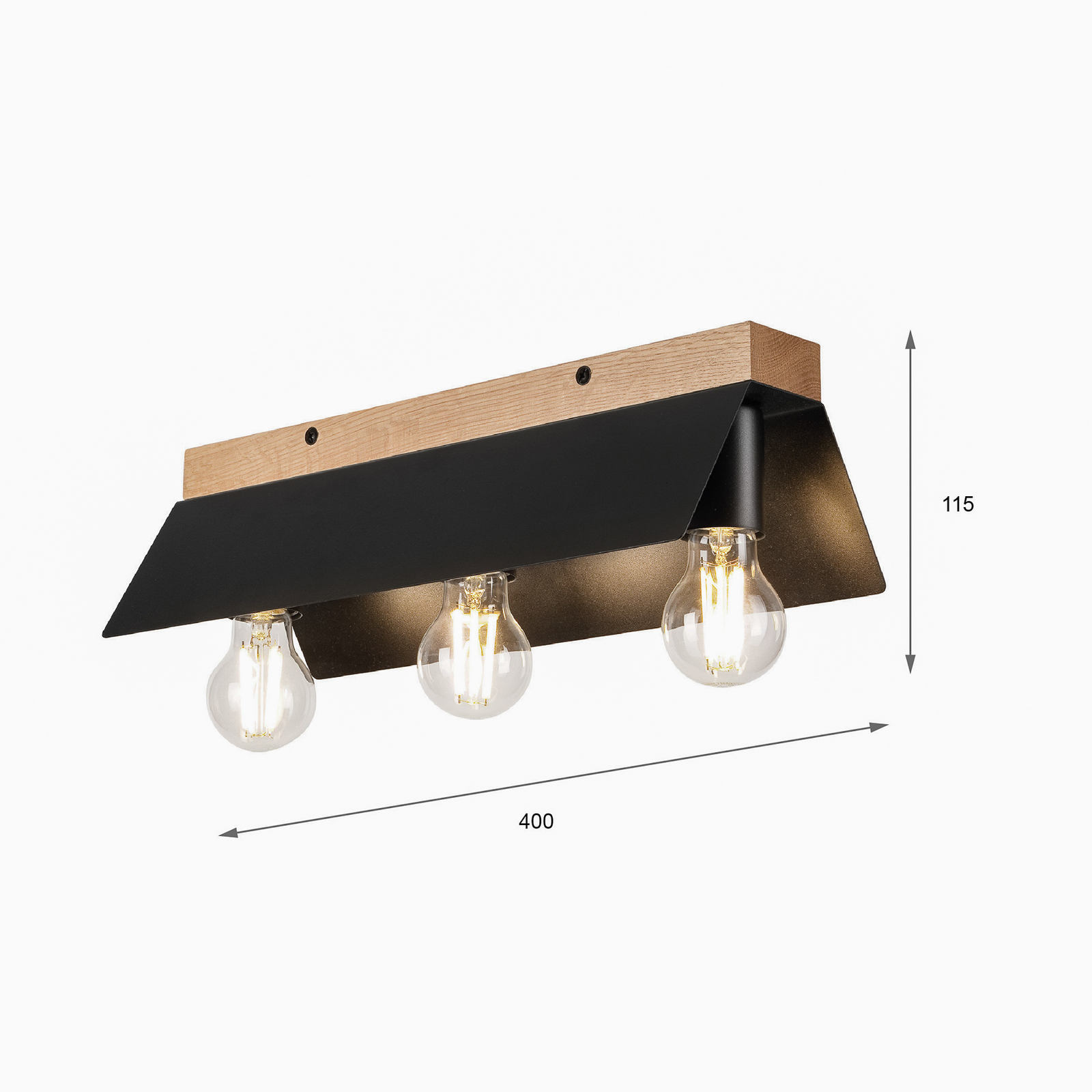 Lámpara de techo Esme, negra, longitud 40 cm, metal/madera, 3 luces.
