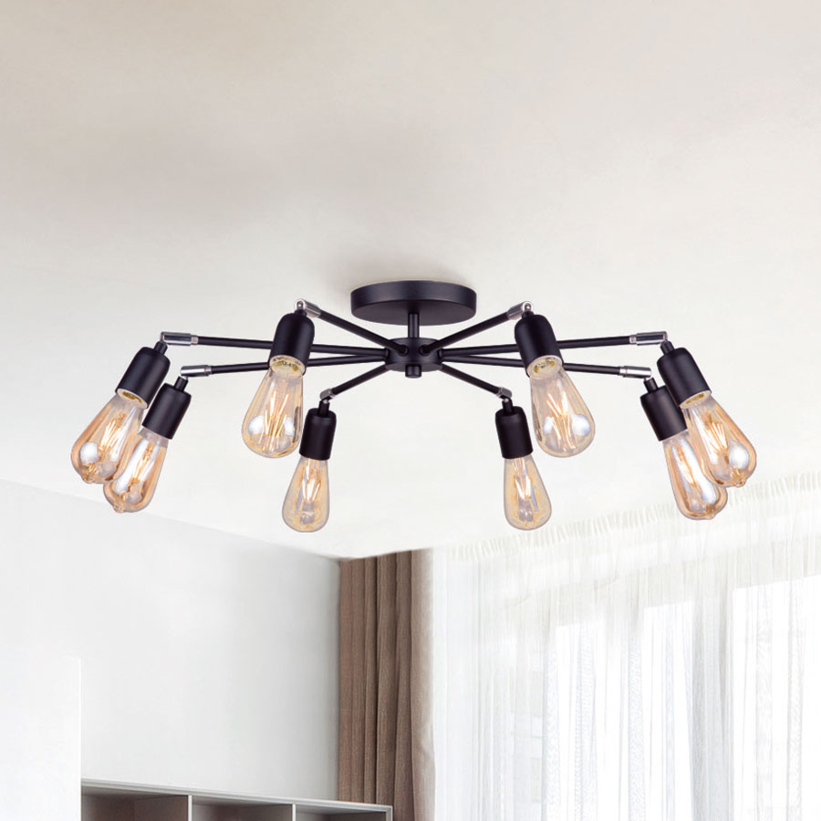 Lis Poland Statik ceiling light, eight-bulb, black, for Living / Dining Room, metal, E27, 40 W, energy efficiency: A++, H: 16 cm