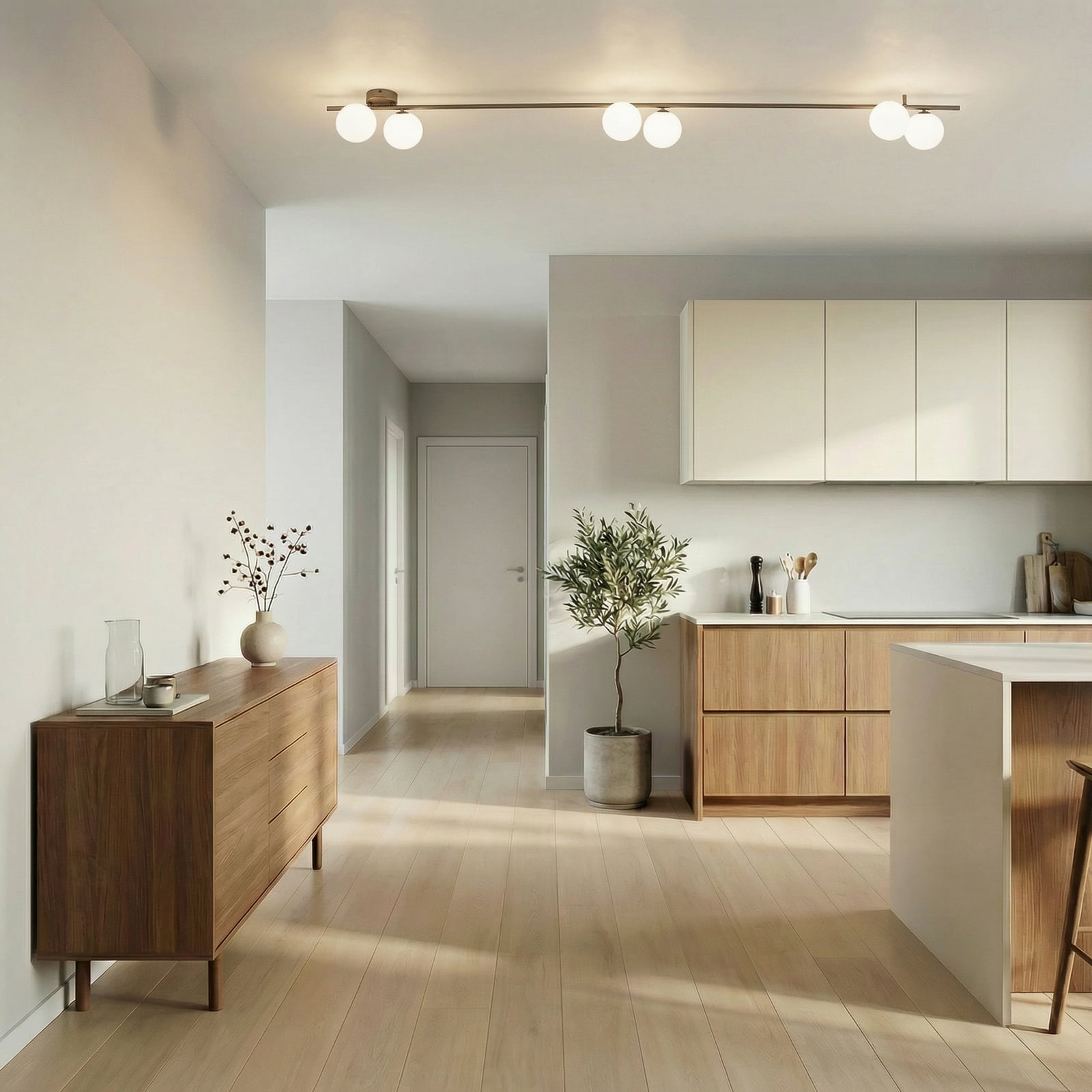 Plafonnier Imelo, marron, à 6 lampes, verre, longueur 200 cm