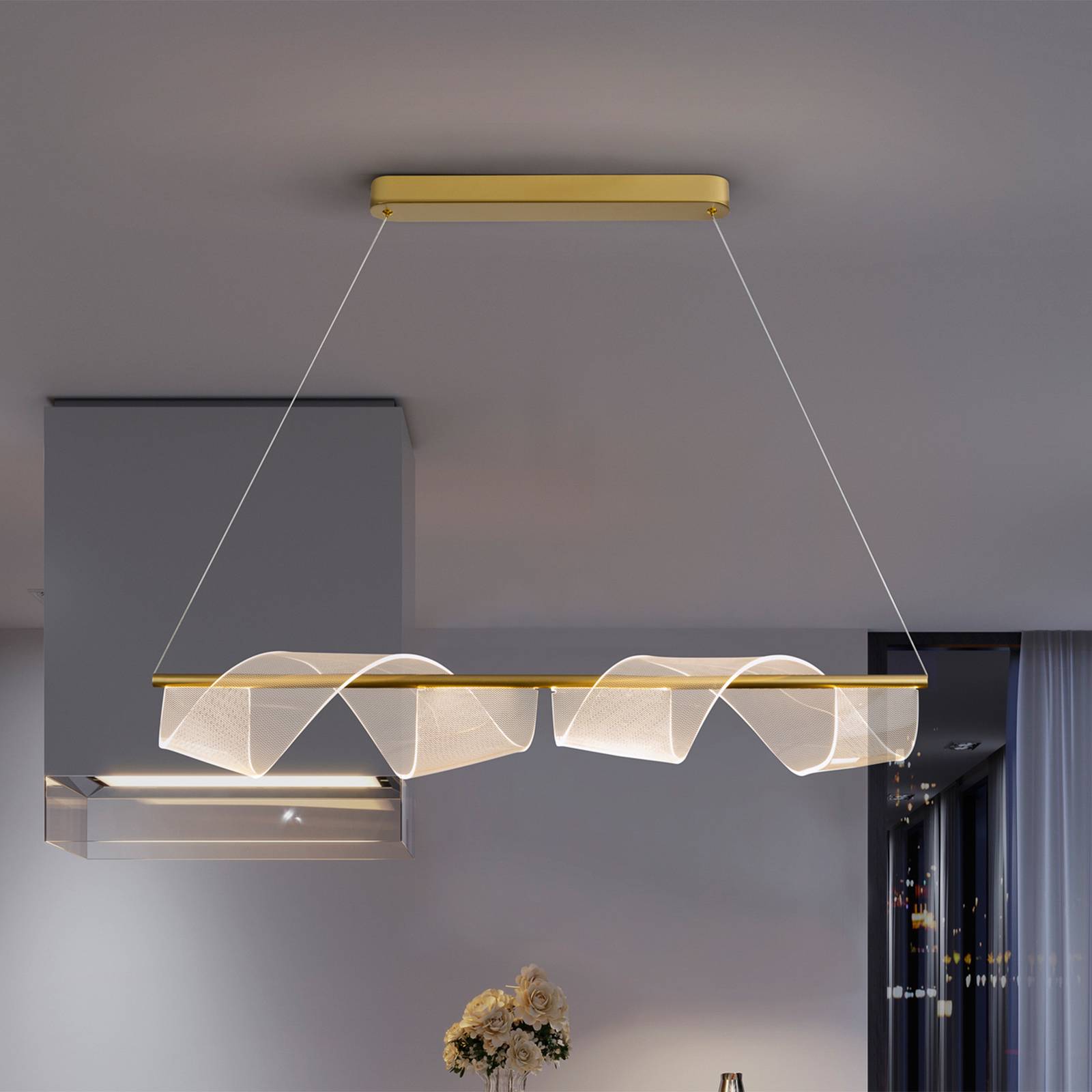 LED-Hängeleuchte Velas, lang, goldfarben, Metall, Kunststoff günstig online kaufen