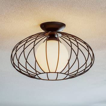 Kronos ceiling lamp, black cage, one opal balls