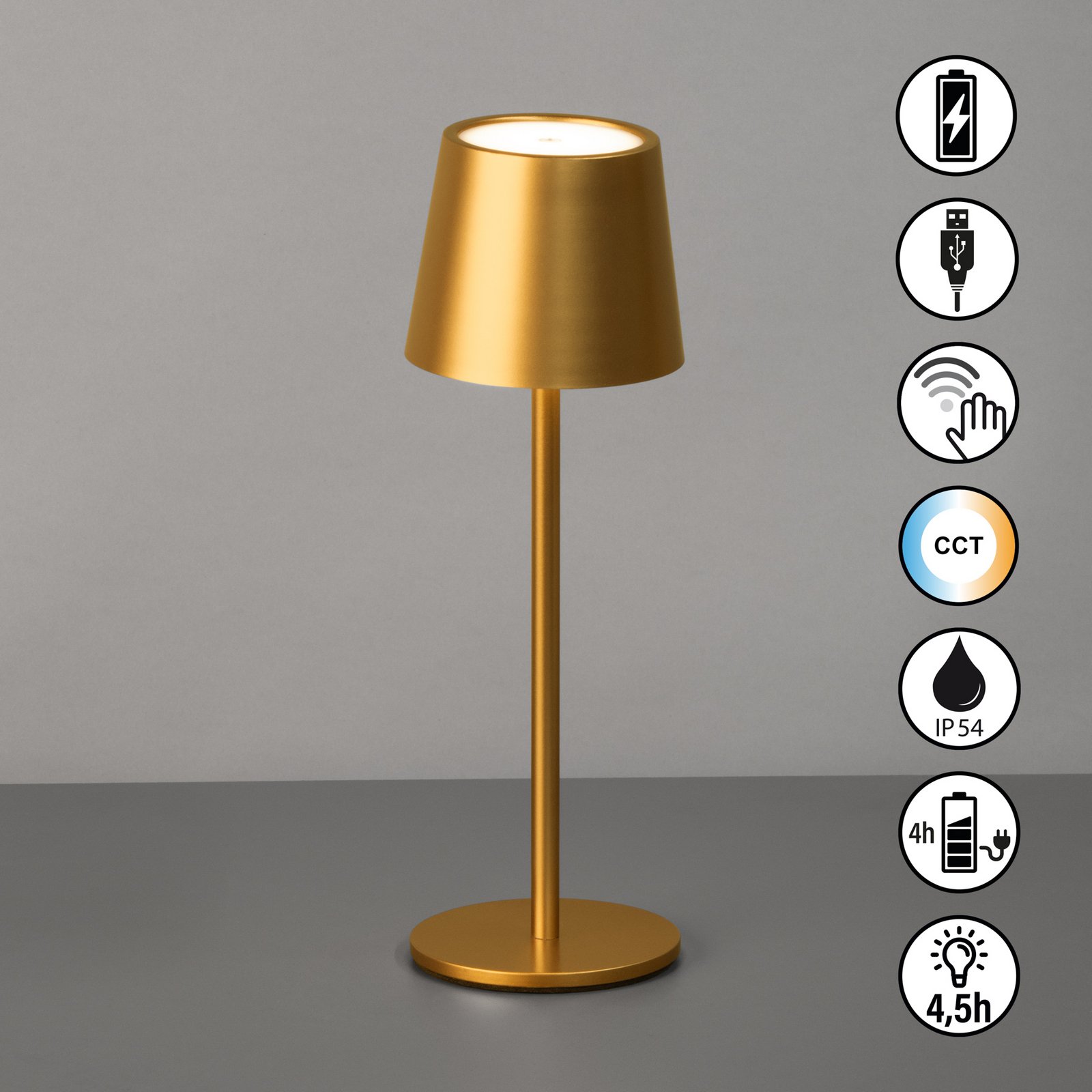 LED-Akku-Tischleuchte Roxi, goldfarben, Metall, IP54, Dimmer