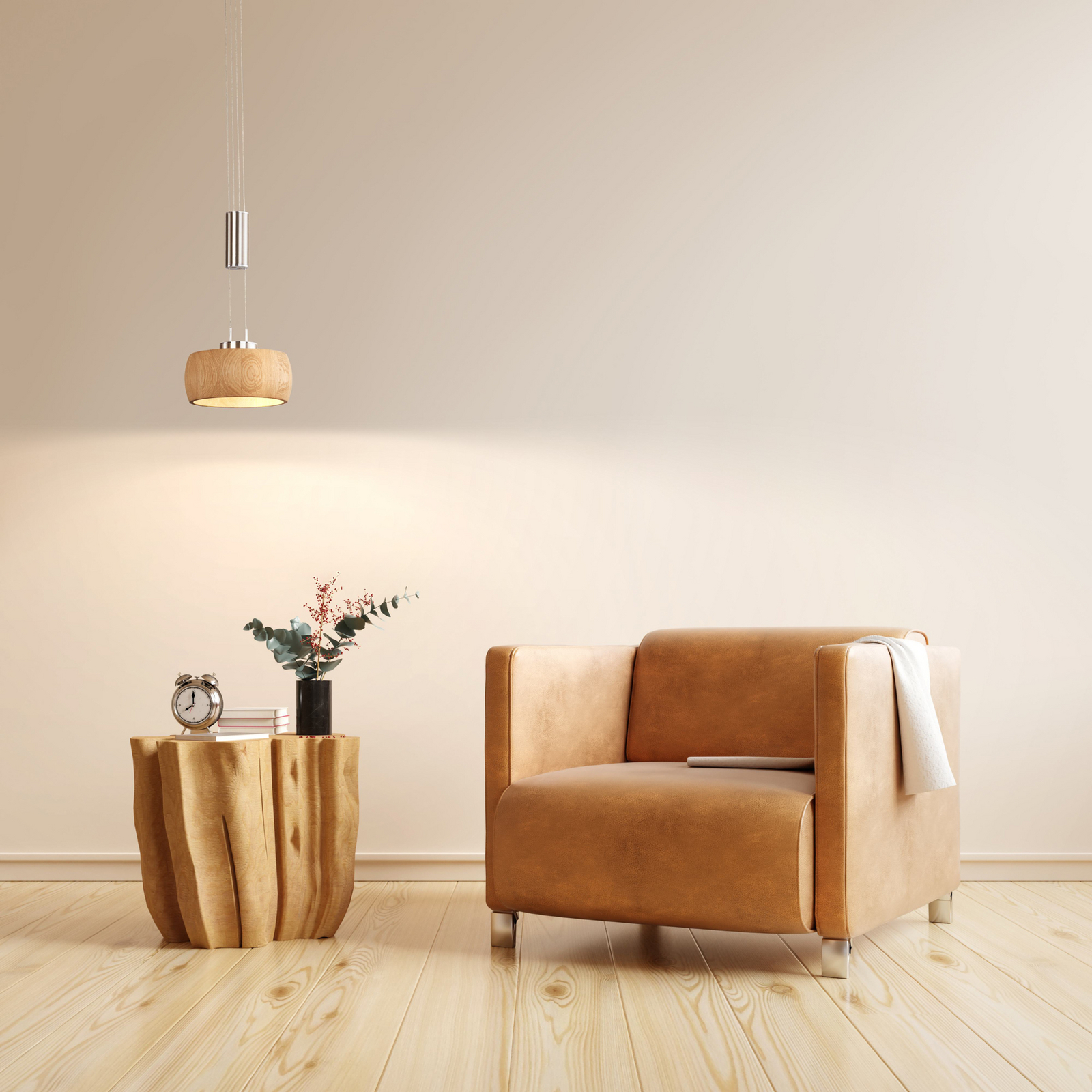 LED pendant light Shine-Wood, oak wood/nickel, Ø 21 cm, dimmable