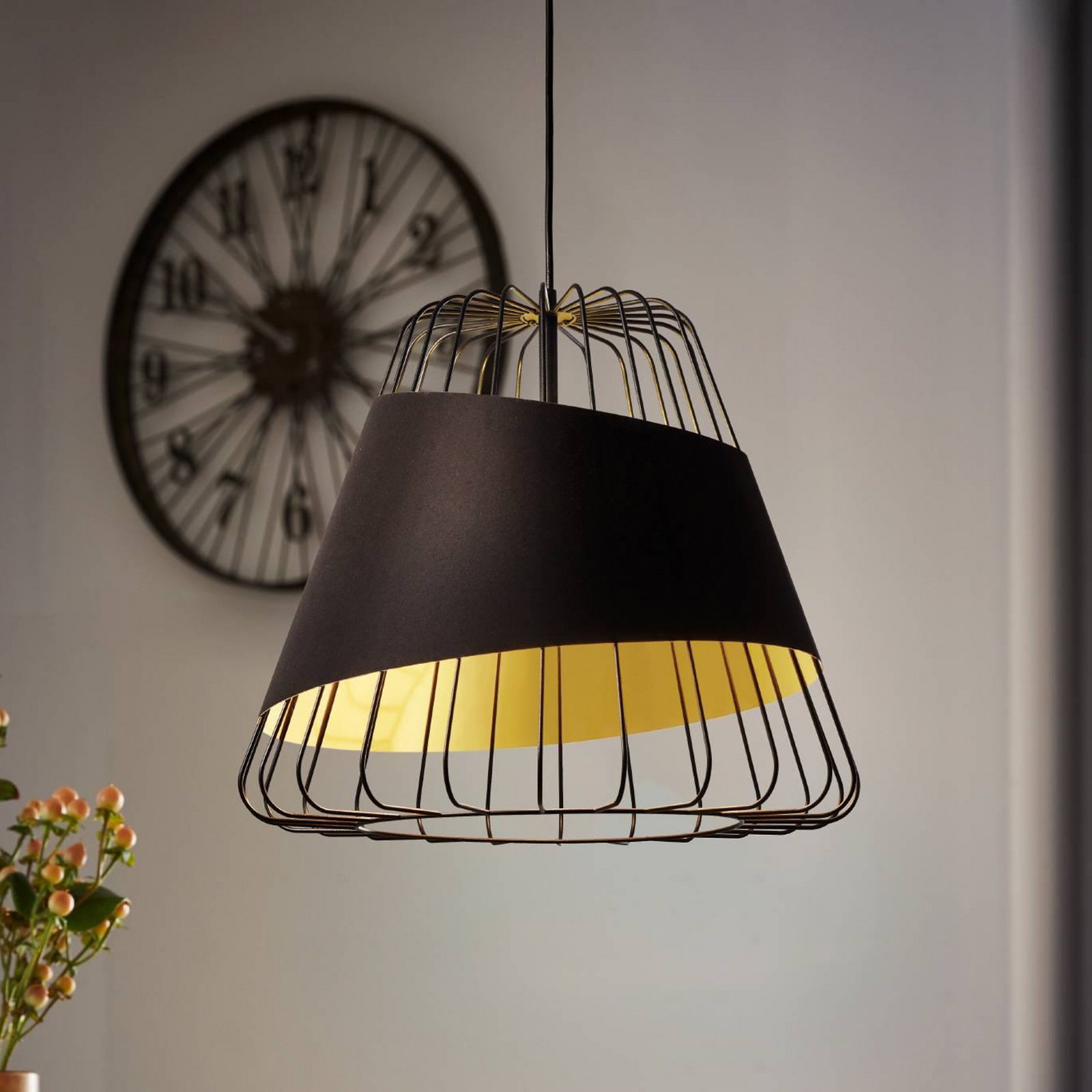 Pendellampe Austell, Ø 43 cm, schwarz/gold, Metall, Stoff