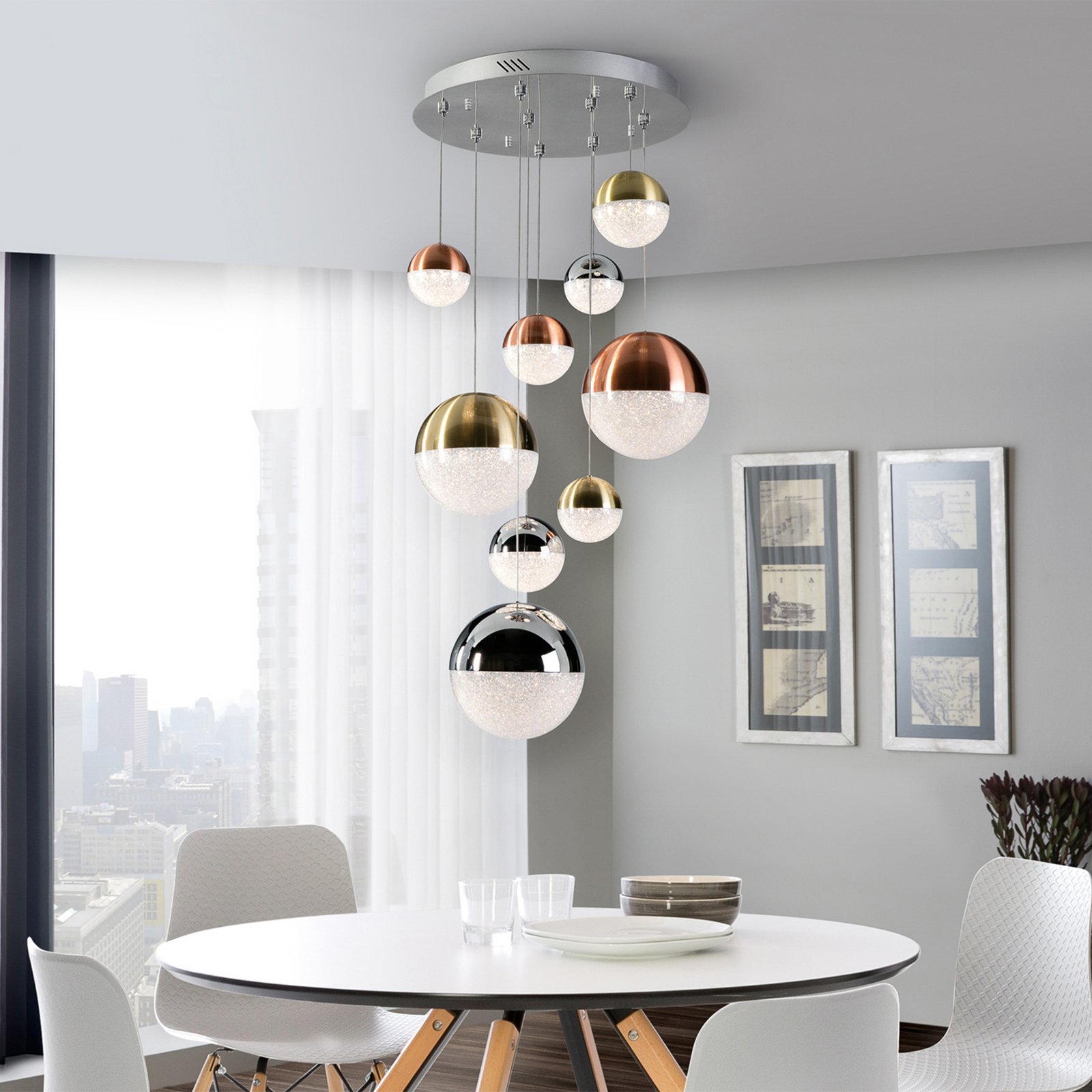 LED piekaramais apgaismojums Sphere, 9 gaismas, dimmējams, Ø 50 cm,