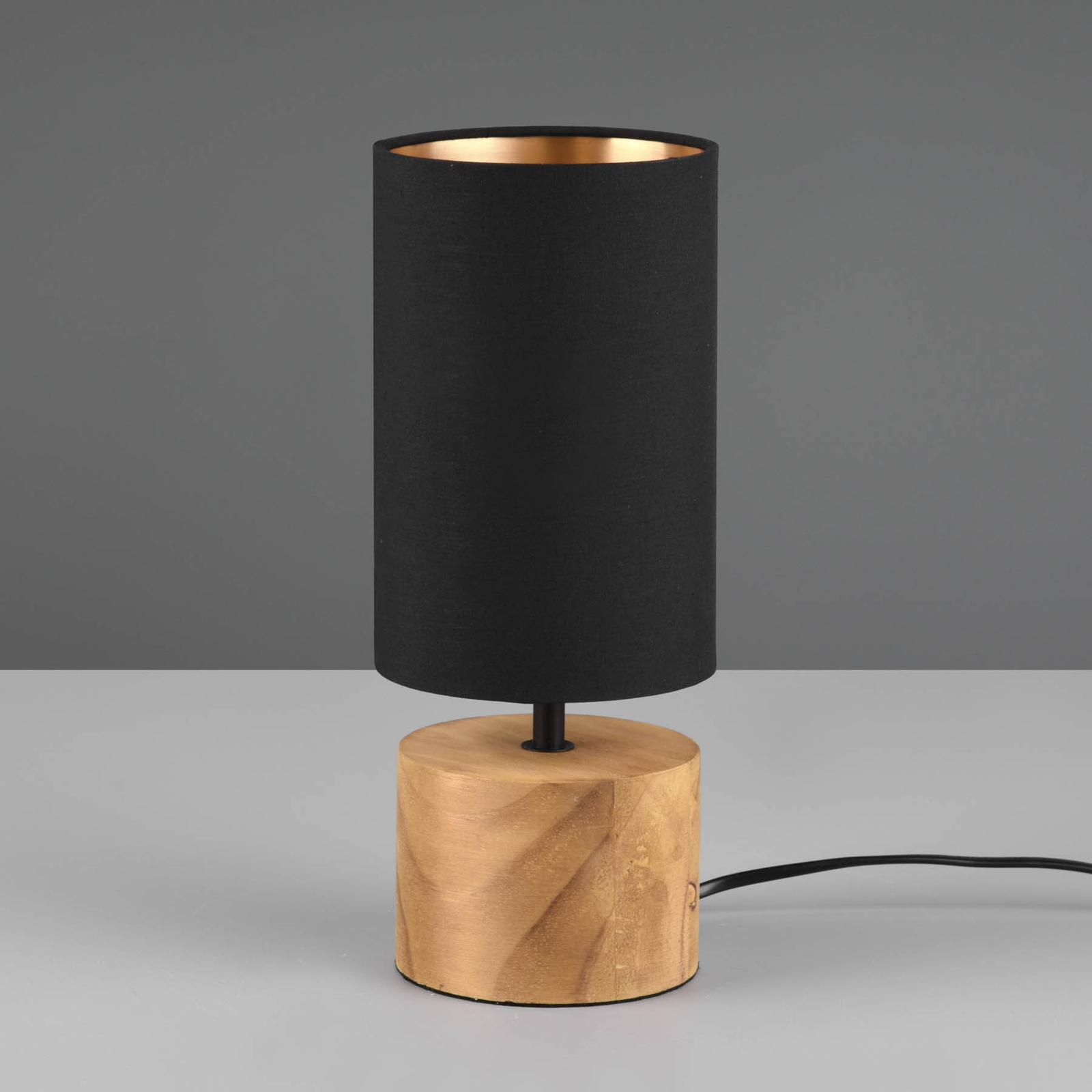 Woody table lamp, wood/fabric, cylinder, black