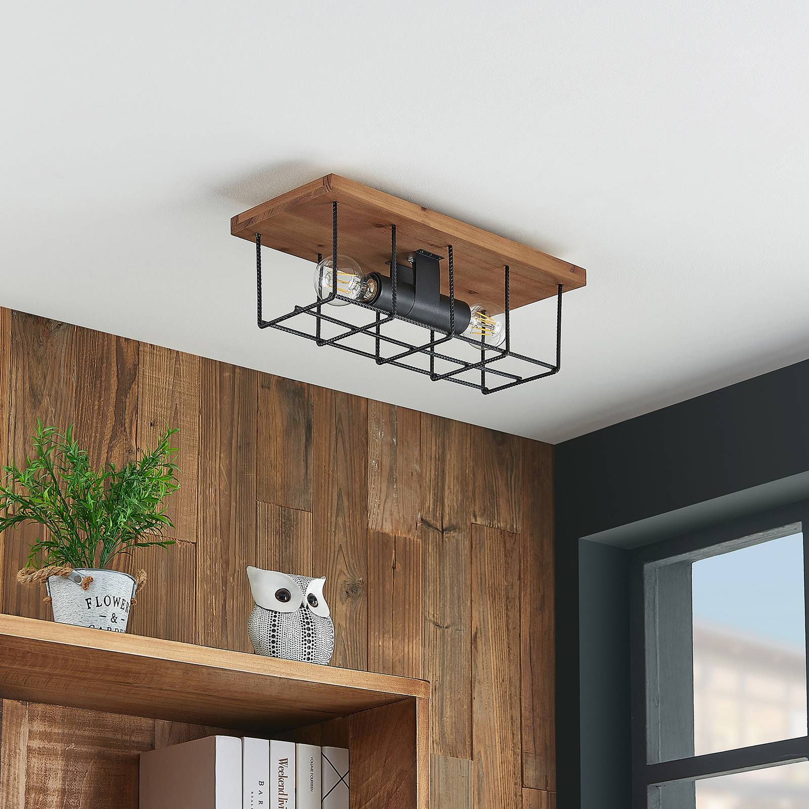 Lindby Mireille plafonnier cage avec bois 2 lampes