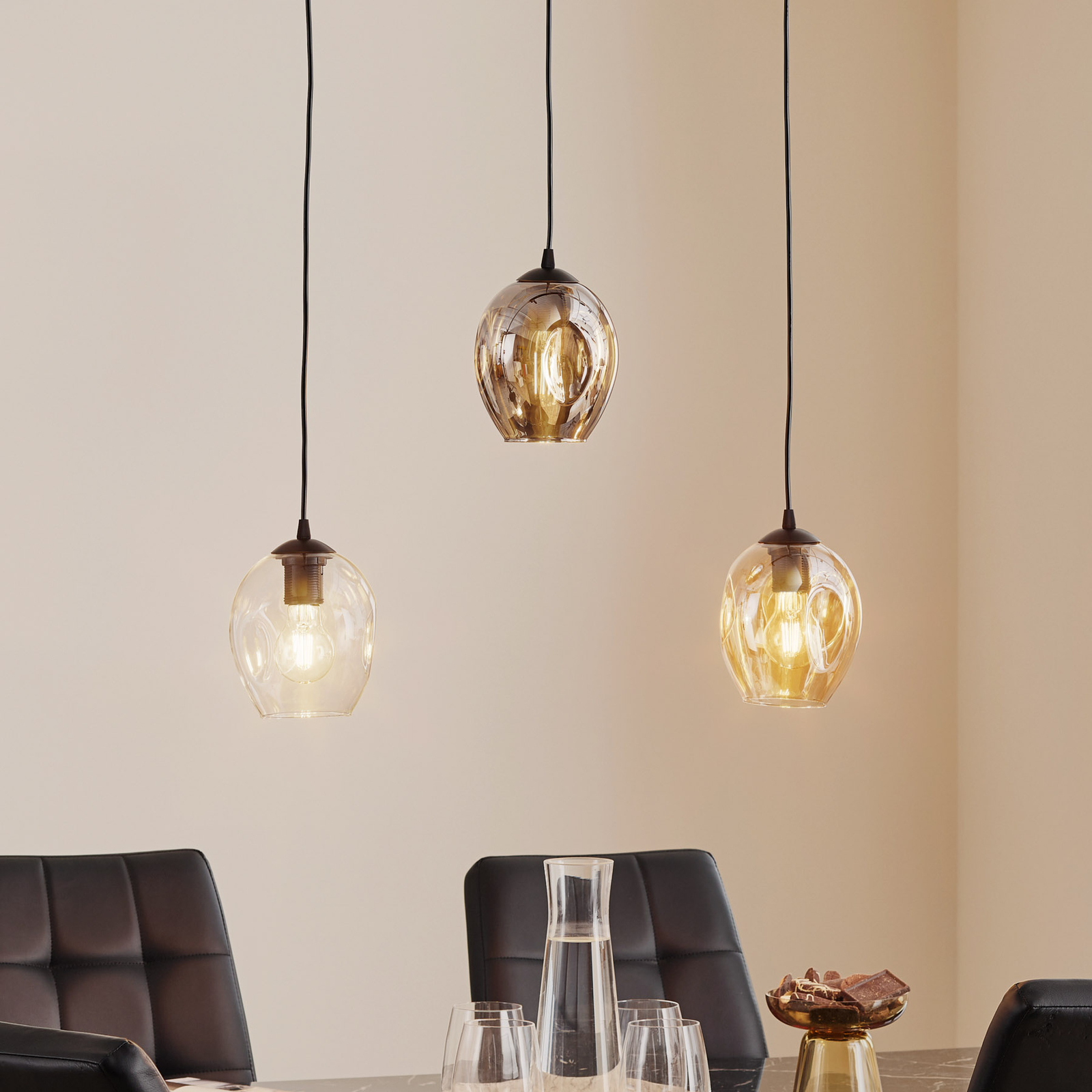 Hanglamp Starla recht 3-lamps grafiet/amber/helder