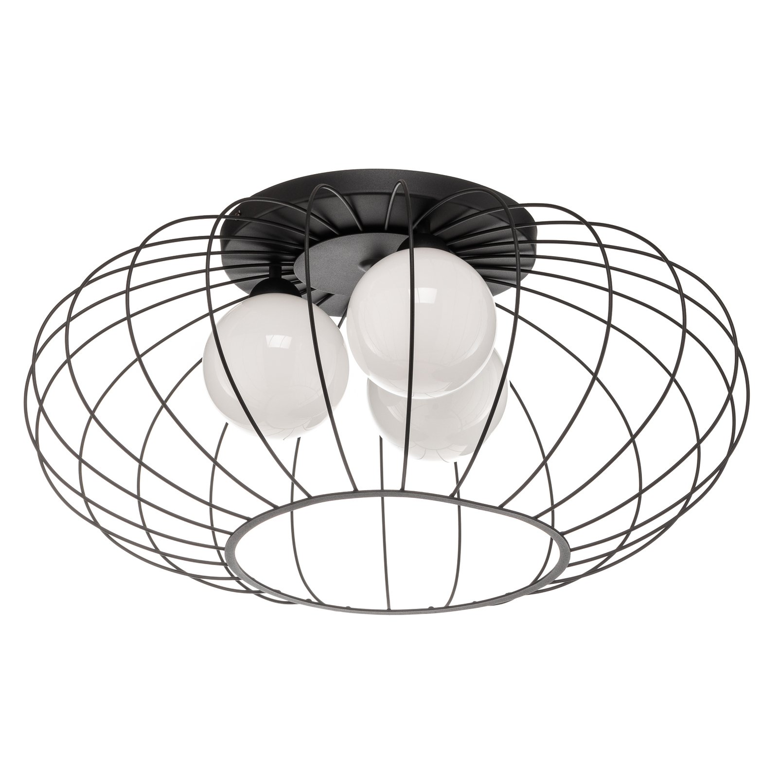 Kronos ceiling lamp, black cage, three opal balls